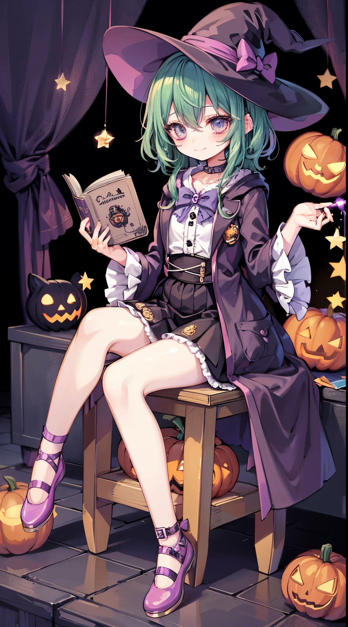 Cute Halloween Theme、full body Esbian、A smile、 The Wand and the Magic Book、Glamorous Hat、Halloween Accessories、Draw clothes buttons and pockets in a Halloween style、Cute shoes、sit a chair、bio luminescent、radiant light