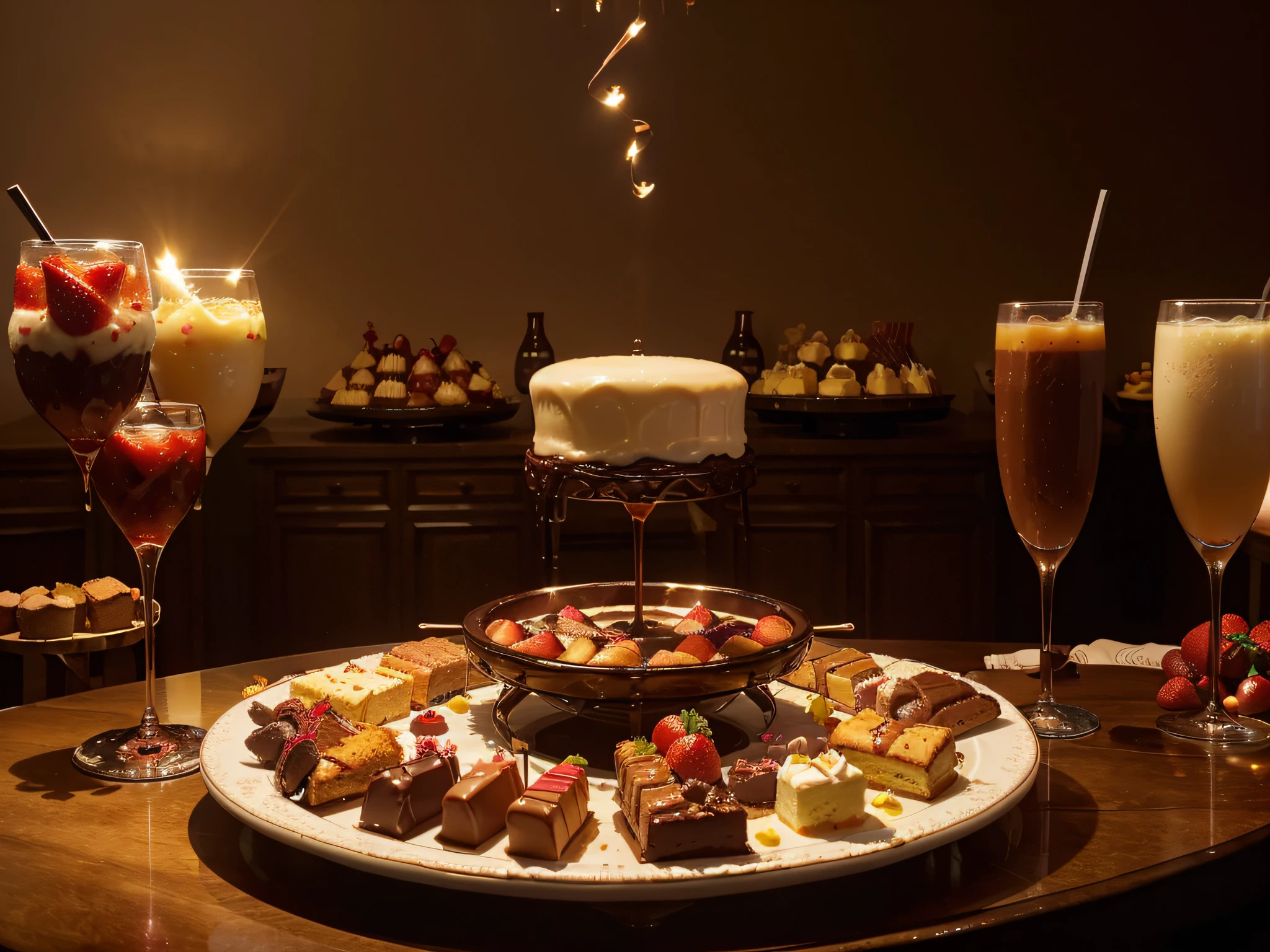 Compose an image capturing the allure of tempting food and drink, with a focus on a decadent chocolate fondue fountain surrounded by platters of succulent strawberries, exquisite pastries, and effervescent glasses of champagne. Illuminate the scene with warm, soft lighting, accentuating the richness of colors and textures, creating an atmosphere of indulgence.