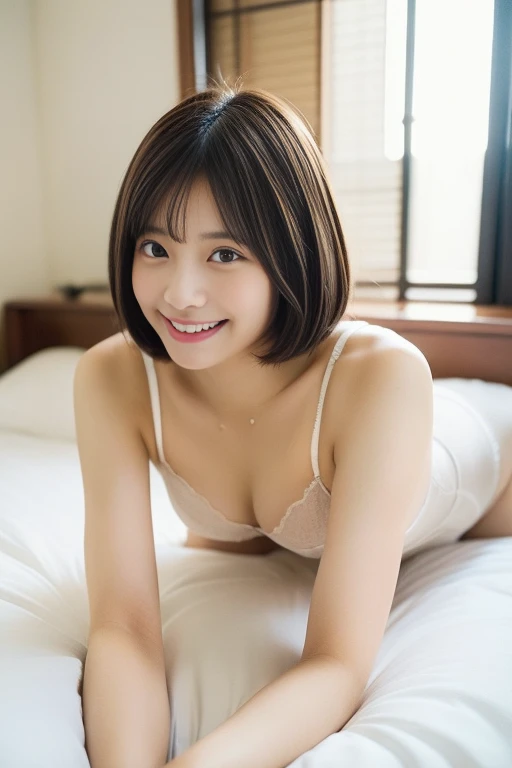 (great masterpiece、top-quality、high-level image quality)、(japanes、Idol actress、Good looking atmosphere)、(((japanes、Neat and clean )))、(((perfect anatomia、plump and beautiful limbs、Perfect physiology)))、((Healthy body、short cut hair、A dark-haired、bangss、Clear black iodel grade body)),tiny chest,small ass,((Underwear、Stylish and beautiful、Clean and stylish)),school classrooms、Evening glow、Beautiful thighs、Cute figure、professional photograpy、Image Movie、Smile、Angle from below,Panties taken off,lying face down on the bed,Focus on the buttocks