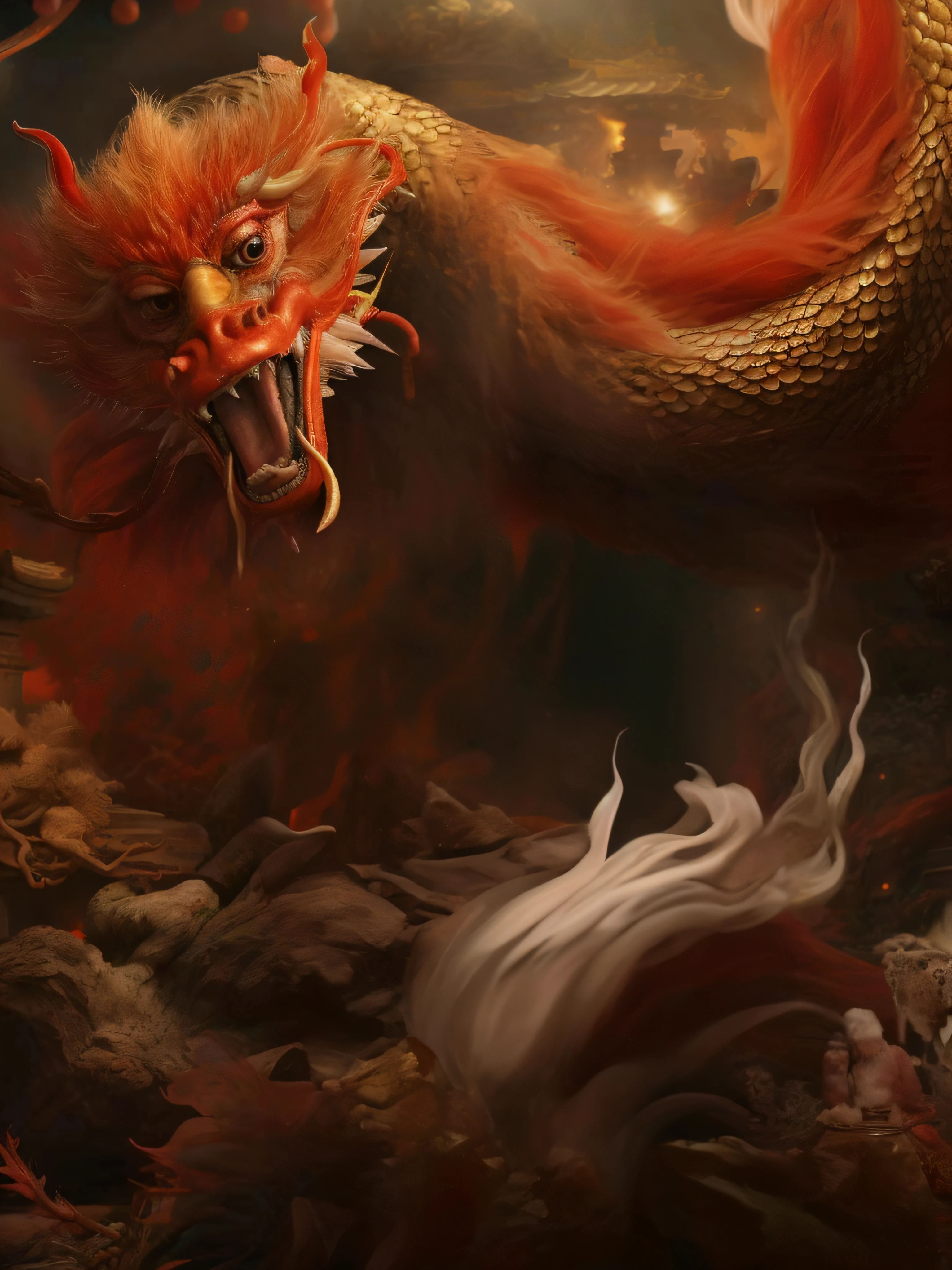 There was a dragon flying over a pile of rocks, chinese dragon concept art, dragon oil painting, author：Kan Lee, chinesedragon, Chinese dragon battle, By Shen Quan, red dragon, author：heroes, Dragon as background, Dragon Art, author：Arthur Penn, Chinese mythology, chinese fantasy, author：Jiff, a red dragon, author：Zhu Lian