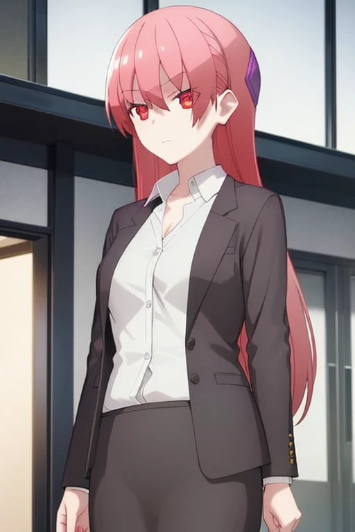 1girl, tsukasa tsukuyomi, suit, office lady, black skirt, black blazer, pencil skirt, white shirt, collared shirt, long hair, ager, looking at viewer, full body