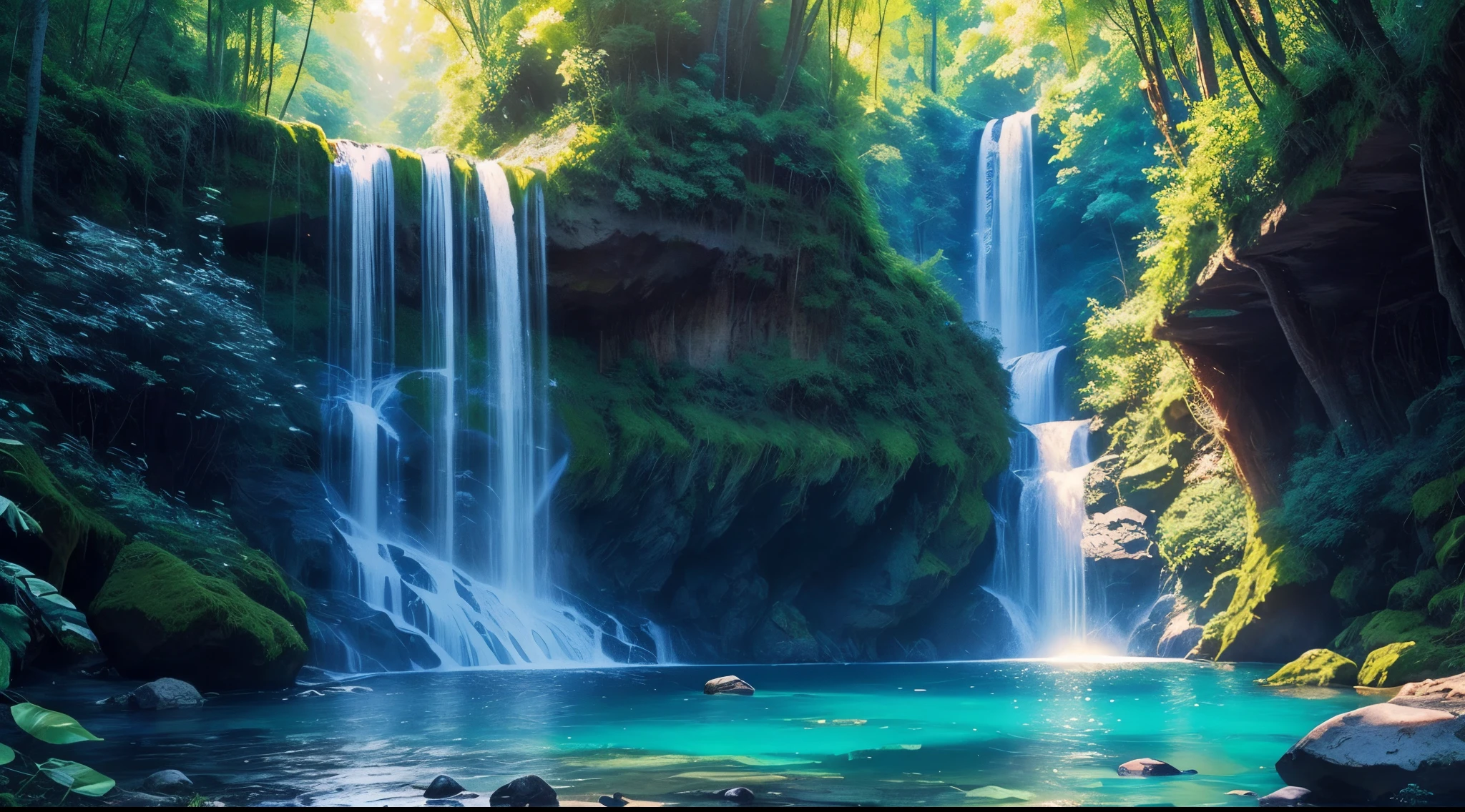 waterfall in forêt, colourfull，immensity，with bright light，3Dvrai，Cinematic Coloring Pages