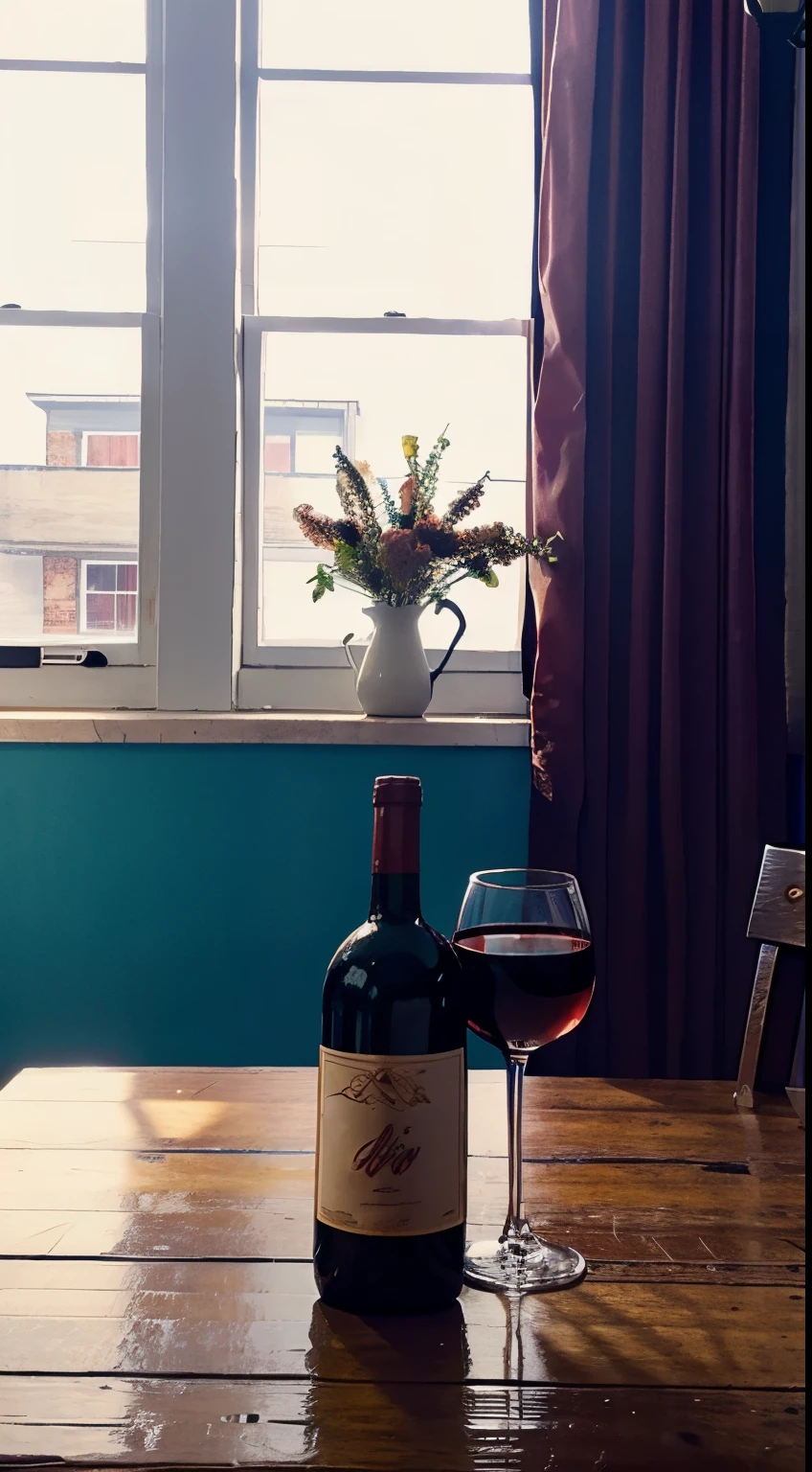 There was a bottle of red wine on the table、Biscuits and bread, Red wine glasses,  Window lighting , brightened light, Background floral pattern curtains, Still life impasto painting , In retro coffee shop, Bright background, Good sunshine