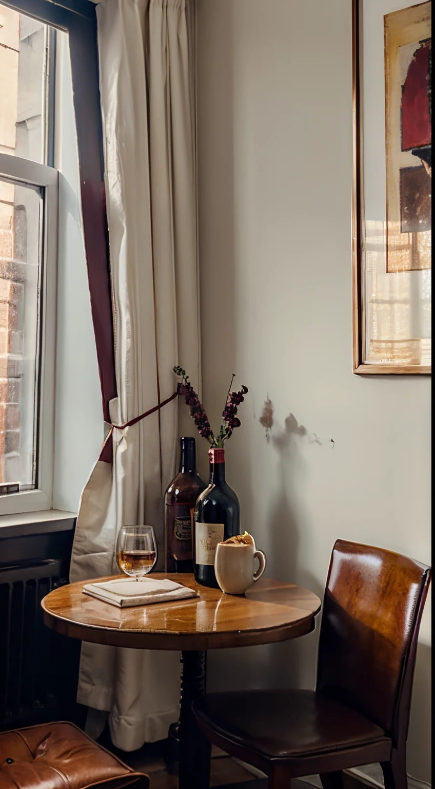 There was a bottle of red wine on the table、Biscuits and bread, Red wine glasses,  Window lighting , brightened light, Background floral pattern curtains, Still life impasto painting , In retro coffee shop, Bright background, Good sunshine