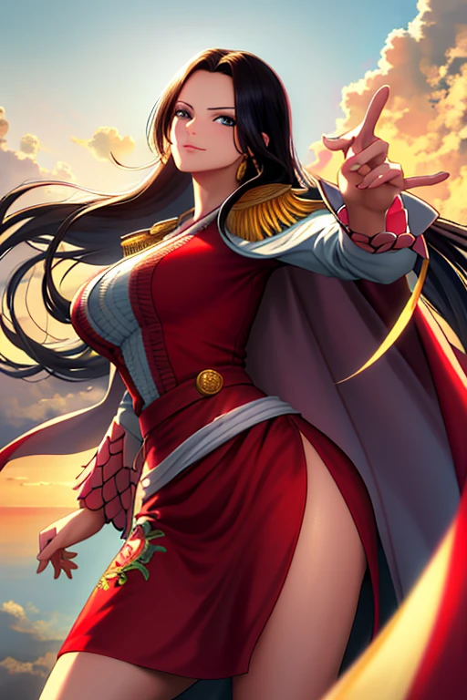 masterpiece, best quality, highres, hancock1, 1girl, boa hancock, large breasts, long hair, epaulettes, cape, side slit, cowboy shot, standing, looking at viewer, sexy pose, safe for work, hands behind, perfect finger,