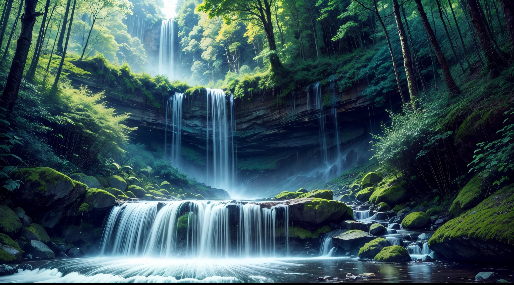 waterfall in forêt, colourfull,immensity,with bright light,3Dvrai,Cinematic Coloring Pages