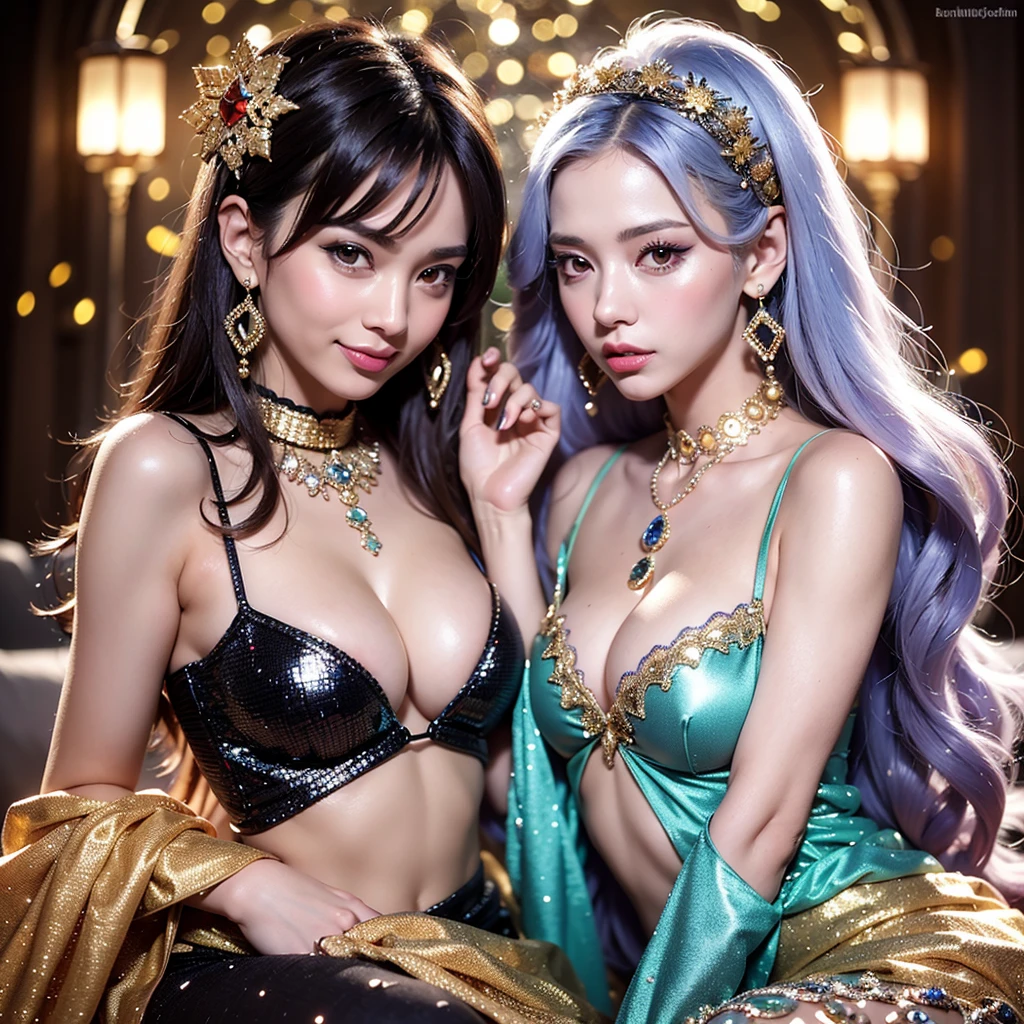 best qualtiy,tmasterpiece,A high resolution,Three beautiful girls,Porcelain skirt,hair adornments,choker necklace,jewely,beautiful face,Physically,Dingdall effect,realisticlying,Dark Studio,edge lit,twotonelighting,(highdetailskin:1.2),8k ultra high definition, Digital SLR, softlighting, high high quality, volumettic light, Meipai, photore, A high resolution, 4K, 8K, Background bokeh, huge tit,Japan goddess,Three goddesses stood by the piano,Blush,full bodyesbian,