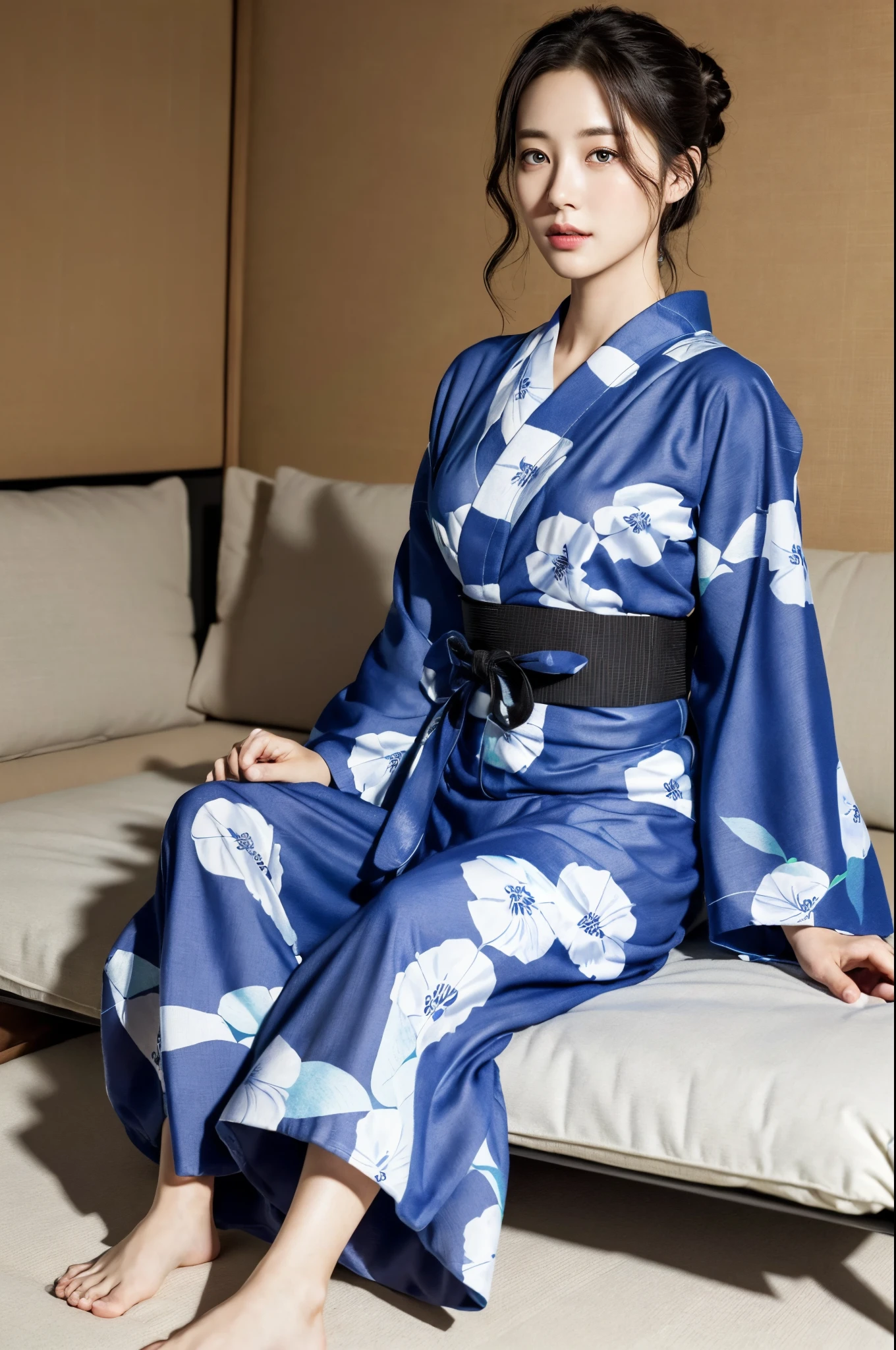 ulzzang -6500-v1.1, (Raw photo:1.2), (Photorealsitic), Beautiful detailed, (Real: 1.4), extremely detailed eye and face, ((Special Airoral Yukata:1.3))、((Sitting down on the futon:1.2)), selfee, Instagram、game_nffsw, huge filesize, hight resolution, ighly detailed, top-quality, [​masterpiece:1.6], illustratio, ighly detailed, nffsw, finely detail, top-quality, 8k wallpaper, Cinematographic lighting, 1 milf, 42 year old, perfect body type, cute droopy eyes beautiful big eyes、Pieckfinger, ((masutepiece)), Best Quality, eye shadow, Portrait, ((FULL BODYSHOT:1.4))、(Expression of nervousness:1.2)、realistic skin textures、shinny skin、