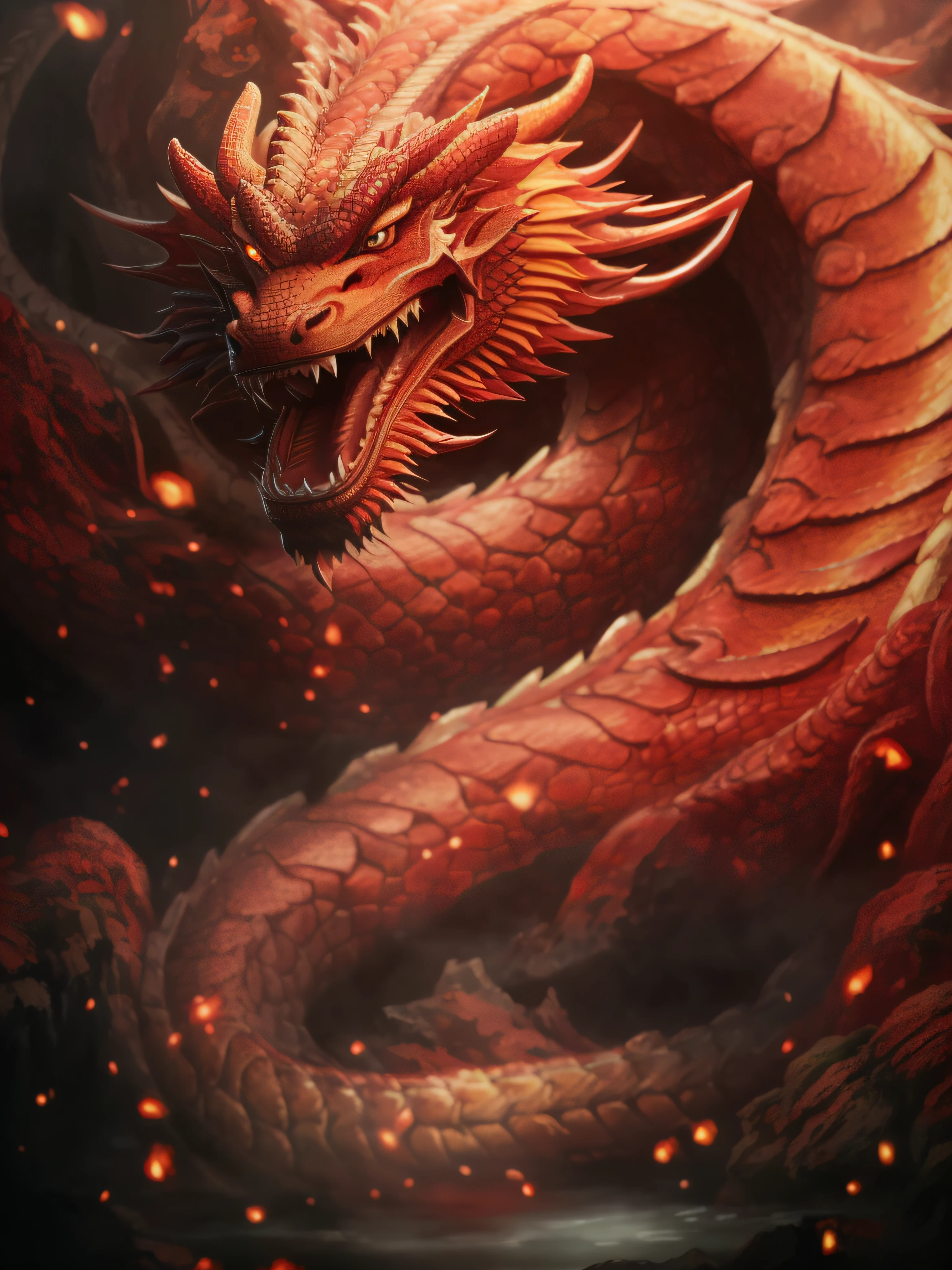 Close-up of the dragon,The background a waterfall, chinese dragon concept art, red dragon, a red dragon, Dragon as background, Hydra Path of Exile, fire dragon, fire flaming dragon serpent, Dragon Art, dragon oil painting, epic dragon, chinesedragon, dragon with scars, drank, Demons in hell are like dragons