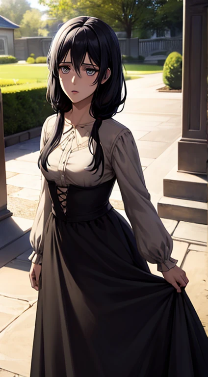 Long black hair,black coloured princess dress, standing,blue colour eyes,ultra realistic detailed blue eyes, beautiful and perfect face, sunlight and garden background, Violet Evergarden's hairstyle, black hair