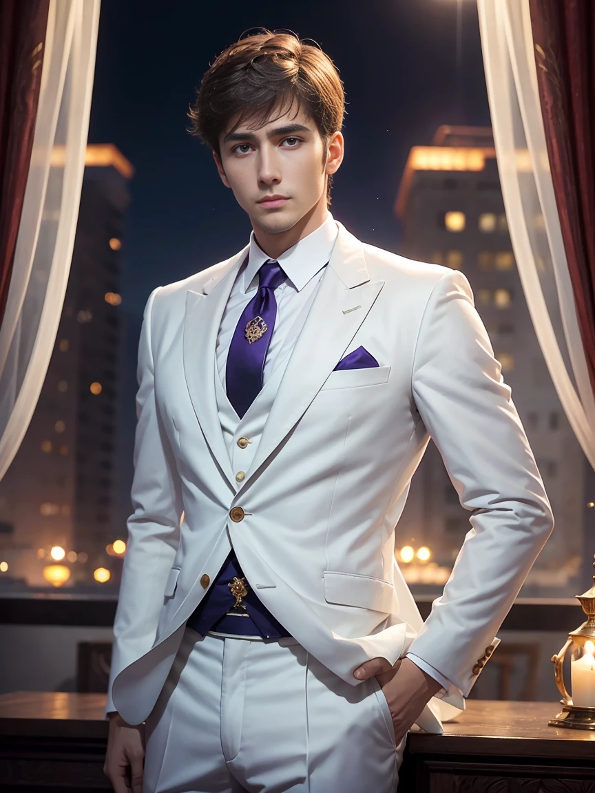 Roman Emperor Constantine the Great resurrected in modern times。34 years old。one adult male。Long body。broad shoulder。thick neck。eyes like a lion。Bright and sharp eyes。Looking here。Sincere and kind。Kind and reliable。Deal with it sternly if necessary.。talented and hardworking businessman。successful gentleman。careerist。he is wearing a high quality white suit。dark purple tie。Light purple shirt。forceful。An overwhelming sense of control。romance novel hero。Bold composition。look up to。lyrical。Dramatic。heartful。Romantic。Travel situation。Exotic。Romanticism。Mysterious。opulent。elegan。elegance。Bulgaria in the sunset、varna background。夏天。Mare。Resort。vacation。Summer resort。masterpiece。top-quality。Super beautiful。The ultra -The high-definition。detaileds。exquisite。