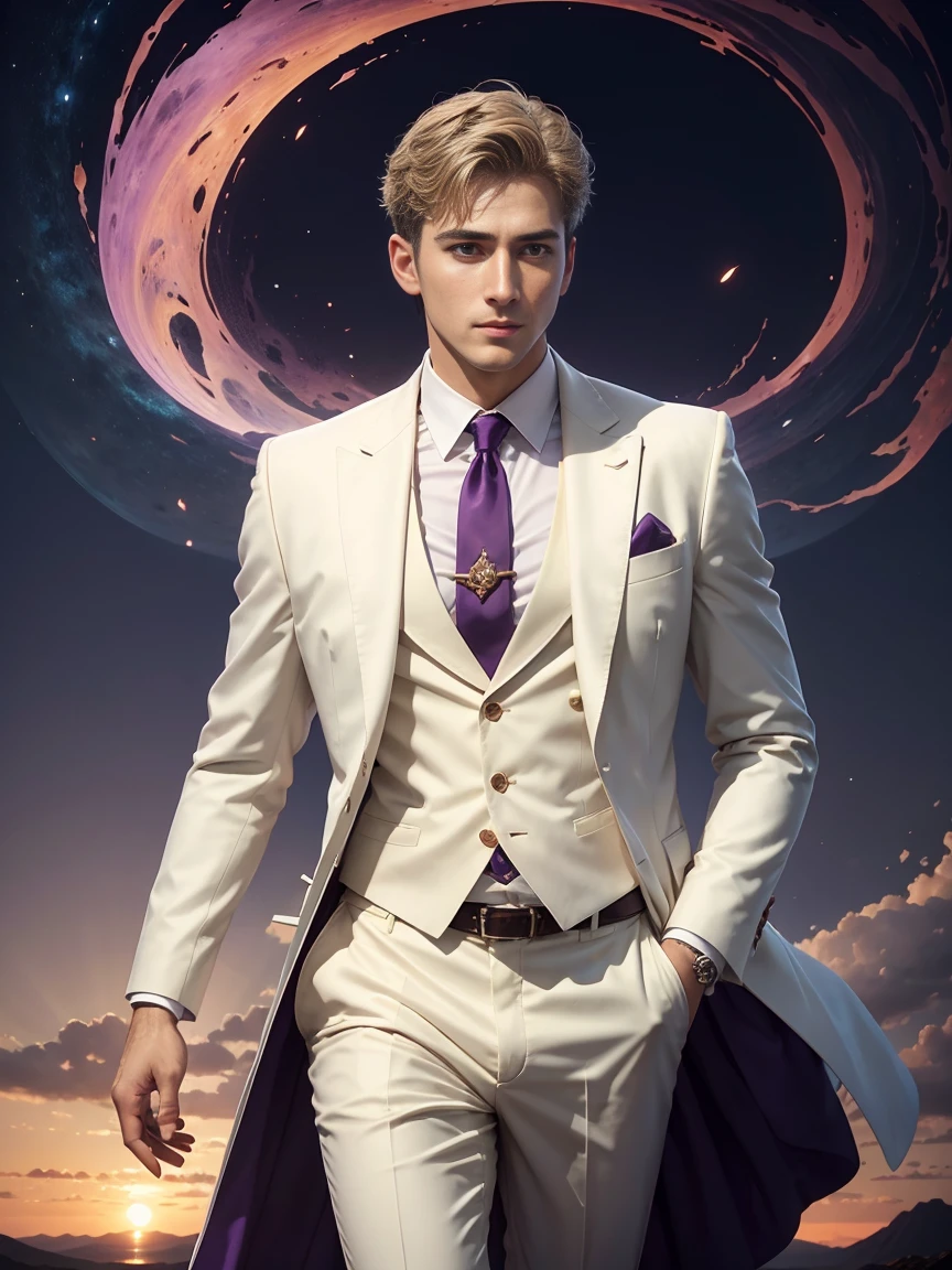 Roman Emperor Constantine the Great resurrected in modern times。34 years old。one adult male。Long body。broad shoulder。thick neck。eyes like a lion。Bright and sharp eyes。Looking here。Sincere and kind。Kind and reliable。Deal with it sternly if necessary.。talented and hardworking businessman。successful gentleman。careerist。he is wearing a high quality white suit。dark purple tie。Light purple shirt。forceful。An overwhelming sense of control。romance novel hero。Bold composition。look up to。lyrical。Dramatic。heartful。Romantic。Travel situation。Exotic。Romanticism。Mysterious。opulent。elegan。elegance。Bulgaria in the sunset、varna background。夏天。Mare。Resort。vacation。Summer resort。​masterpiece。top-quality。Super beautiful。The ultra -The high-definition。detaileds。exquisite。