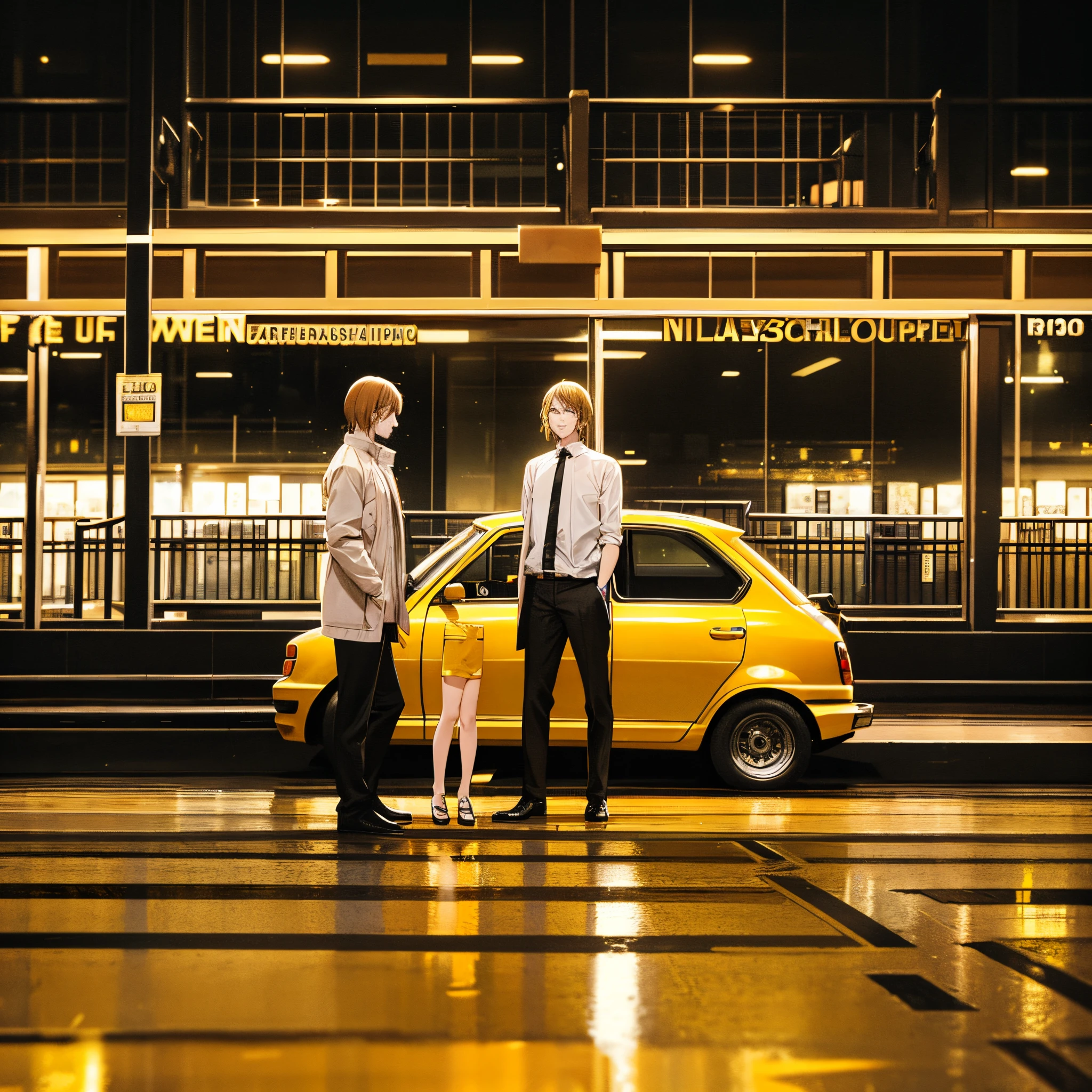 they are standing next to each other in front of a yellow car, taken in night club, edited in photoshop, low quality photo, shot with a camera flash, photo 35mm, taken in the early 2020s, photo taken at night, taken in the late 2010s, 8k 50mm iso 10, edited, anime