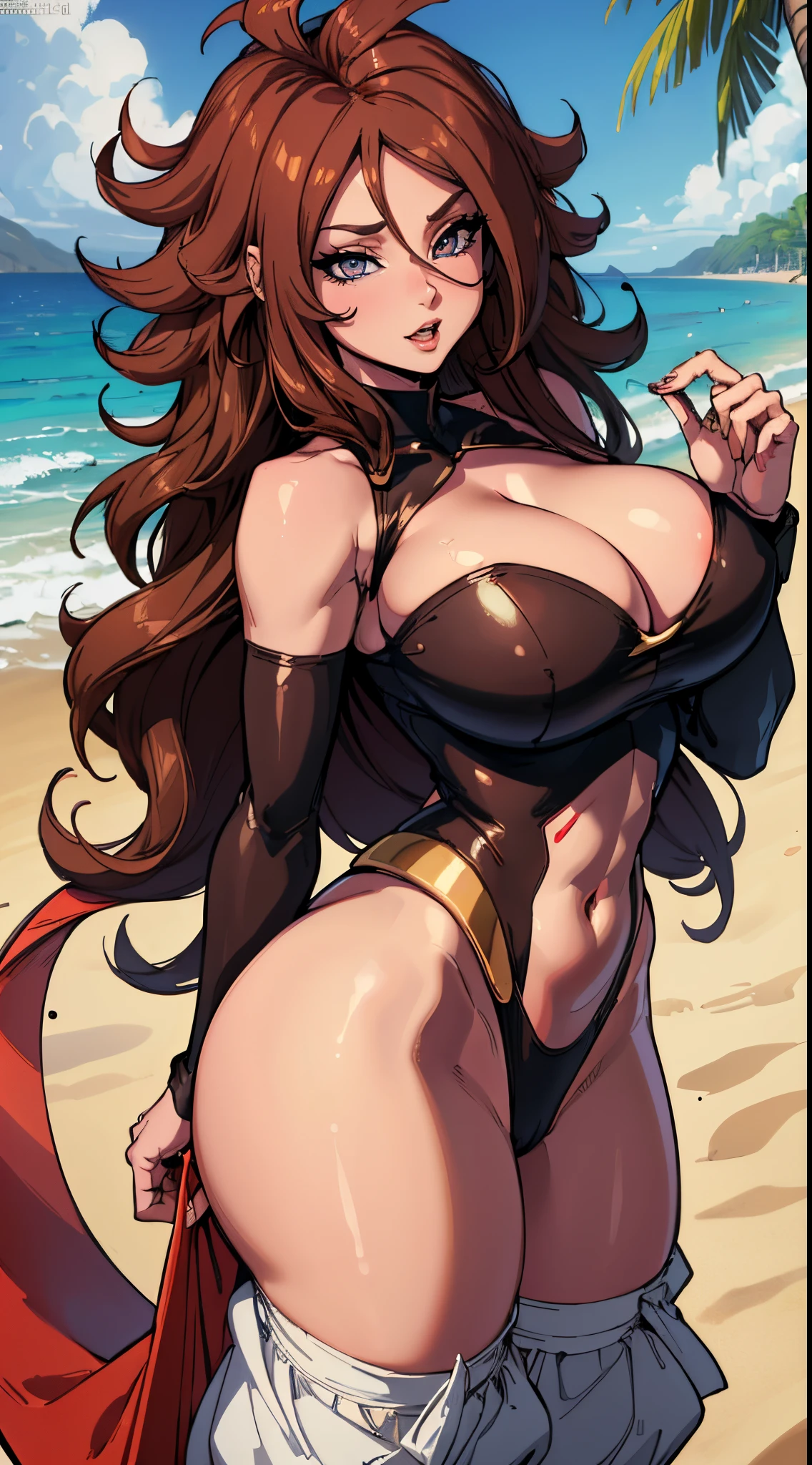 (best quality:1.3), android 21, ), busty, cleavage, (brown hair), ((long hais)), seductive, sexy face, sexy, curvy body, big ass, (beach)