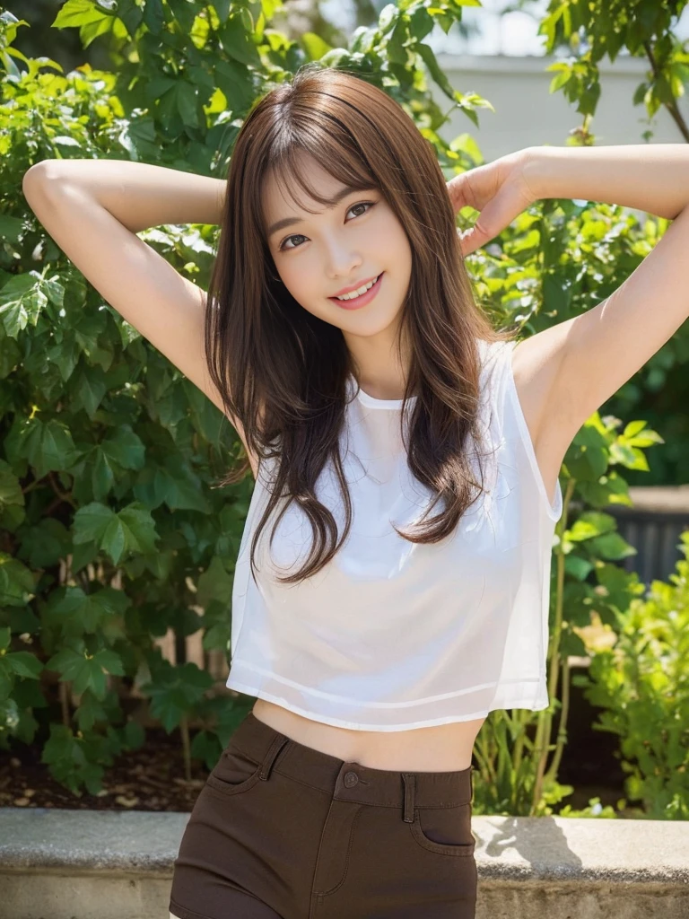 (top-quality、8K、​masterpiece:1.3)、Beautiful Women in Perfect Figure:1.4、dark brown  hair、Medium Hair、Wavy Hair、shortpants、stretch、in a garden、extremely detailed face and skin、A detailed eye、二重まぶた、NSFW、Toned body、A smile
