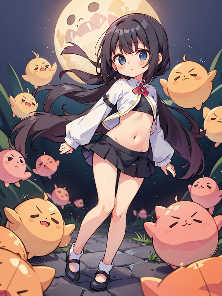 loli, small breasts, exposing your navel, Slim legs, full body, black short skirt