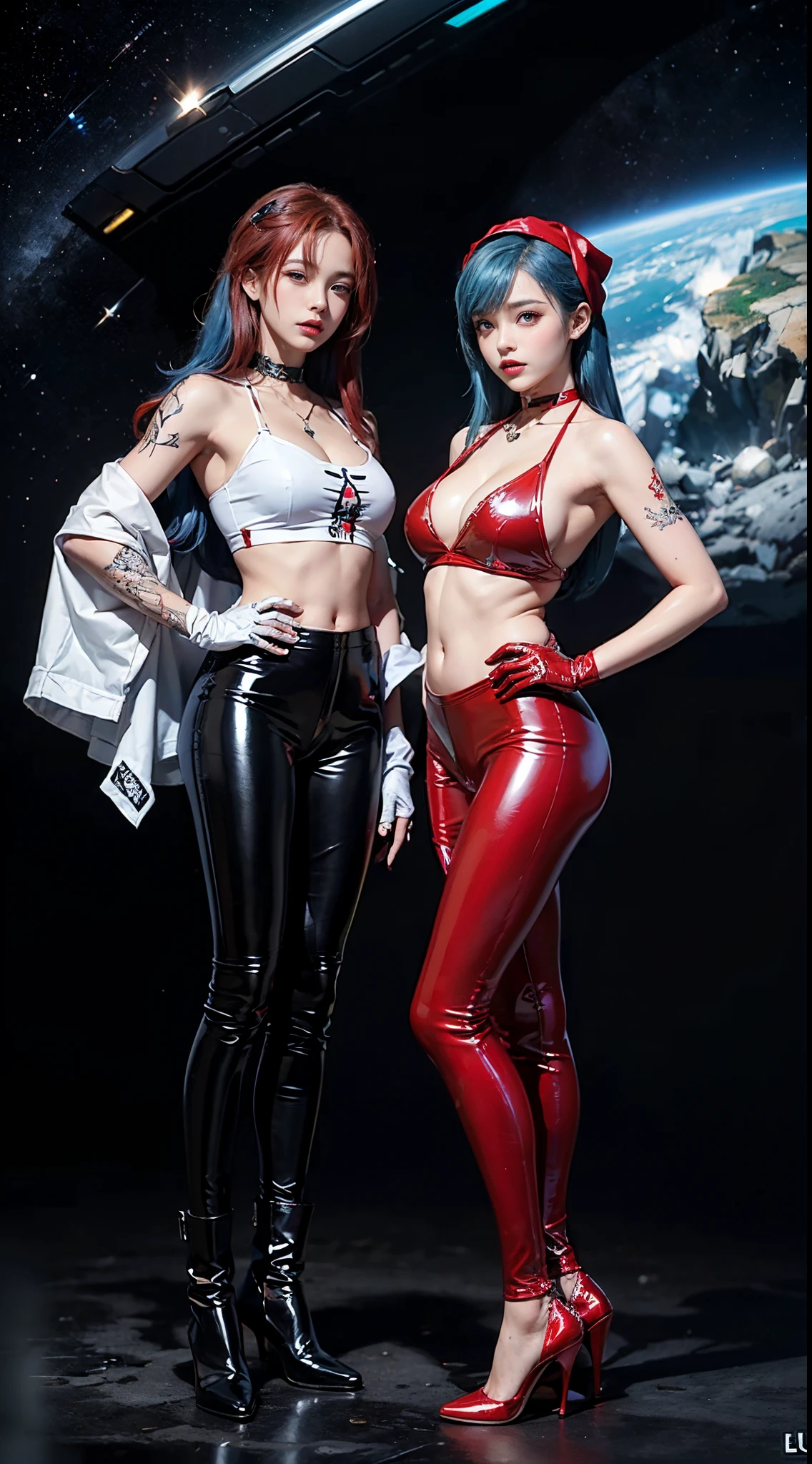 ((masterpiece:1.4)、(top-quality:1.4)、(reallistic:1.7))、masuter piece:1.4、Beautiful Girl Dirty Pair、(Beautiful Girl Space Investigator Dirty Pair:1.4)、Kei and Yuri space investigator duo、two investigators, Kei and Yuri stand side by side...、(By Luis Royo:1.4)、(hold a gun:1.2)、Body Fit Sexy Investigator Duo Uniform、(Glossy luxury latex:1.4)、(White Sleeveless Uniform Jacket)、(Underwear Red Sexy Super Ultra Bikini)、(Luxury Red Latex:1.4)、age19、(Cute tattoos:1.4)、(Wearing white gloves)、(Two cute girls:1.4)、Super beauty、foco nítido、Portrait photos、(Perfect female body:1.4)、perfectly proportions、Sexy couple、Full body shooting:1.4、美丽的面容、(Beautiful skins:1.4)、beautidful eyes、Narrow waist、beauty legs、(Kei has red hair and wears a bandana......:1.4)、(Lilies have blue hair:1.4)、(length hair:1.2)、Beautiful udder、large full breasts:1.2、Sexy ass、Raw photo、red-lips、Red high heels:1.4、a choker:1.4、a necklace:1.4、耳环:1.4、1 screen display、cyberpunkcity:1.2