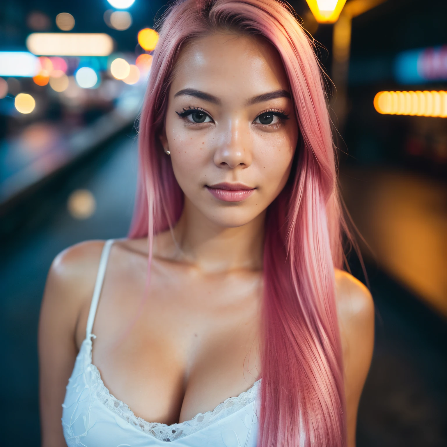 arafed woman with pink hair sitting on the beach, flowing pink hair, with pink hair, photo of a beautiful woman, very long flowing pink hair, pink golden hour, curly pink long hair, beautiful young asian woman, beautiful asian woman, wild very long ginger hair, pink wispy hair, light pink hair, a young asian woman, an asian woman, infp young woman, (straight half of the torso: 1.4), Portrait photo of a 24-year-old french girl in RAW UHD format (Black-eyed woman) Walk down the dark alley, night city, Details (textures! , Hair! , glistering, Color!! , imperfections: 1.1), highly detailed glossy eyes (looking at the camera), DSLR Lighting, SLR camera, Ultra-Quality, sharpness, Depth of field, Film grain (Downtown), Fujifilm XT3, Crystal clear, Frame Center, beatiful face, sharp-focus, street lamp, neon lighting, bokeh (dimly lit), night time, (night sky), detailed skin pores, oilly skin, suntan, Complex eye details, smiling