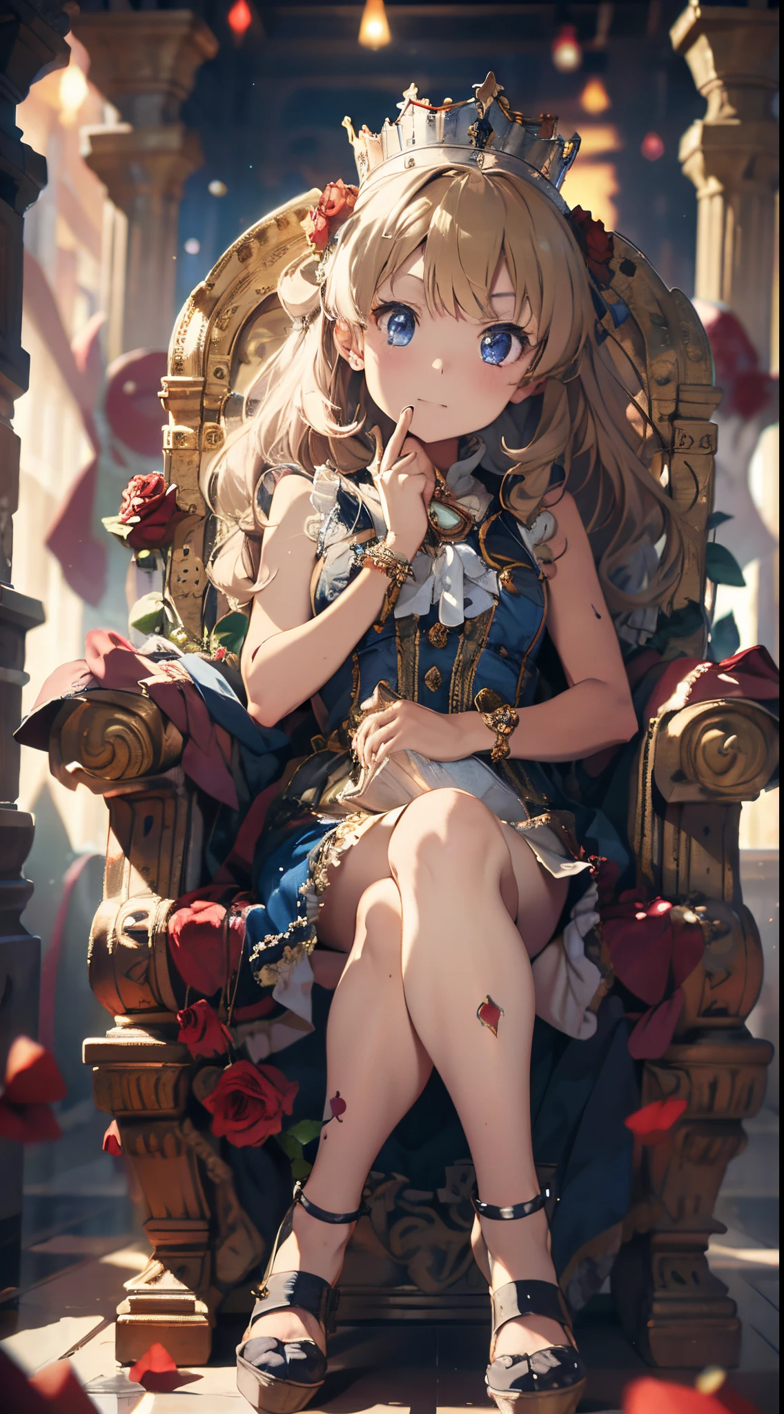 (The highest image quality, master piece:1.2), (Ultra Definition Illustration), (very beautiful matured queen:1.3), (1 girl:1.2), Solo, (shoot from very below:1.3) ,(condescending look:1.3), (sleeveless gorgeous queen blue dress with roses:1.3), sitting on the throne chair, queen crown, Full body, Round , (Glasses, Blonde Short-Cut Hair), (white thigh high pantyhose:1.2), (Evil smile, mean face, Mesugaki smile), Luxurious palace rooms, Fancy Room, RPG Royale,