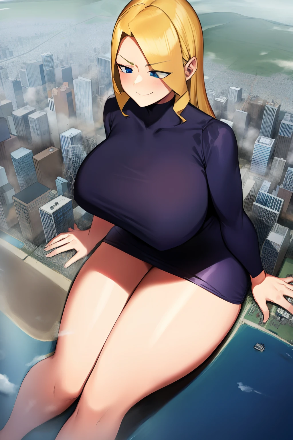 Giantess, curvy, busty, smirk, evil, thick thighs, sitting down