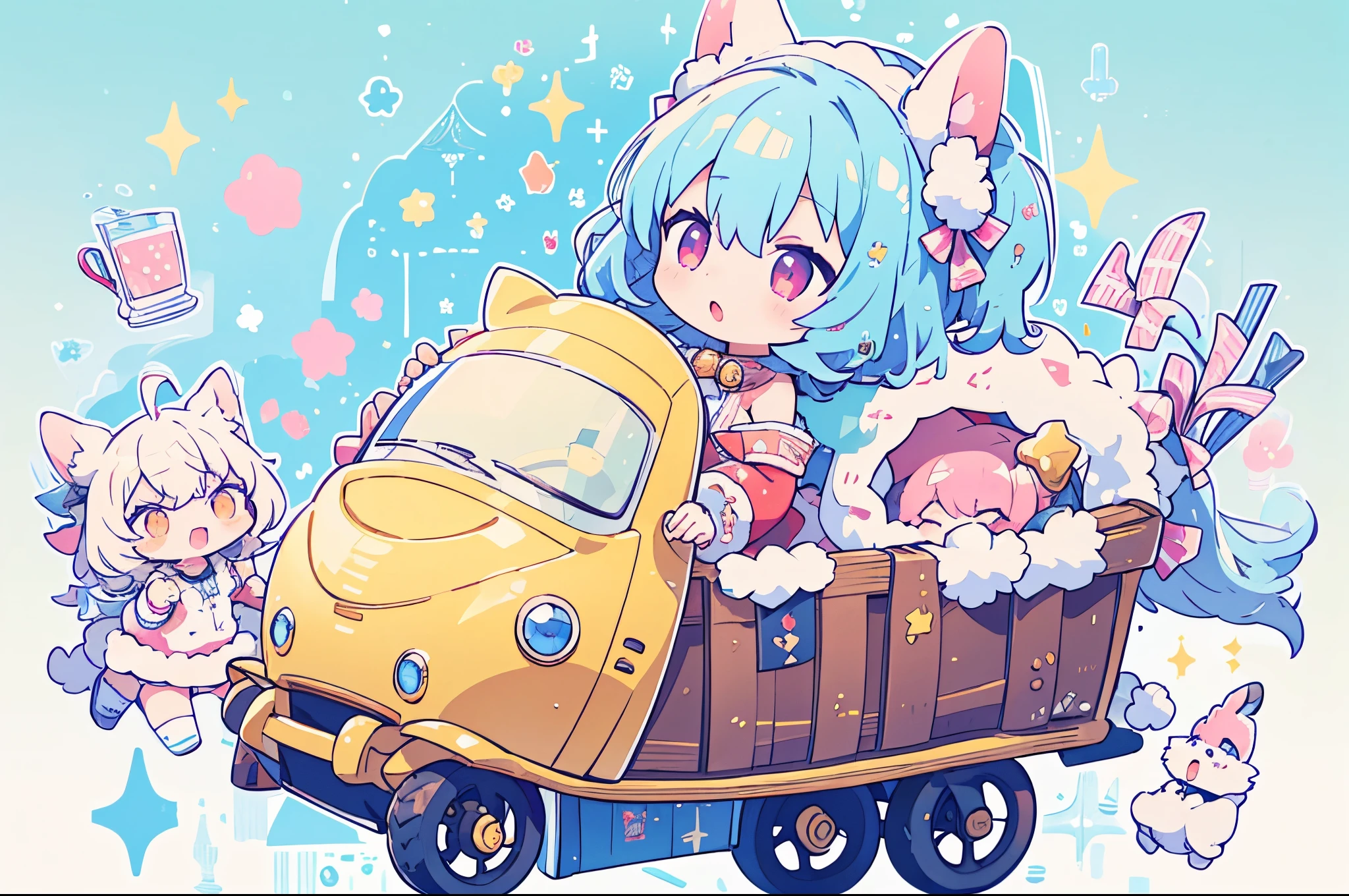 (((masutepiece、Wide Shot))), (((Best Quality))), ((Ultra-detailed)), (Illustration), ((extremely delicate and beautiful)),((( loli))),winter snow city,santa costume,Wrap the body with ribbon,Loose socks,Christmas tree,Beautiful and fantastic night view,illuminations、lightblue hair、A pink-haired,Orange Eyes,Red Eyes、Reindeer and sleigh,lots of gifts and decorations、Present Box