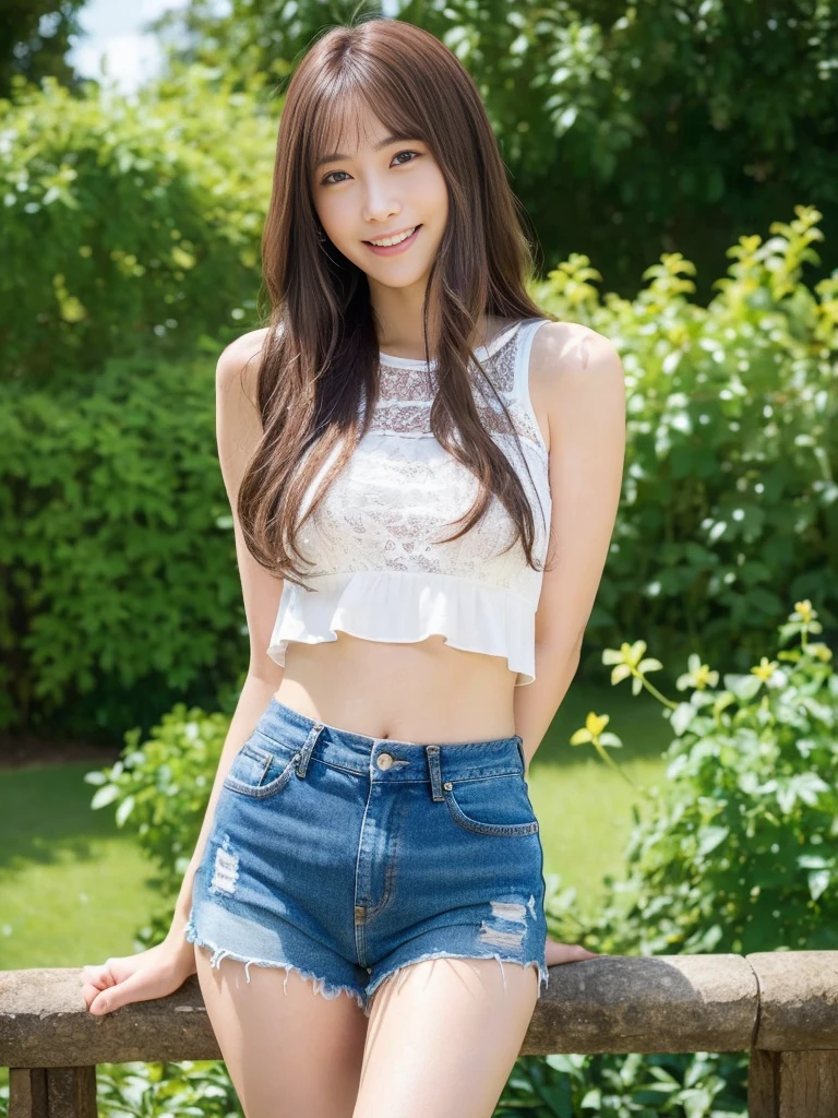 (top-quality、8K、masterpiece:1.3)、Beautiful Women in Perfect Figure:1.4、dark brown hair、Medium Hair、Wavy Hair、Denim shorts、white viking stretch、in a garden、extremely detailed face and skin、A detailed eye、二重まぶた、NSFW、Toned body、A smile