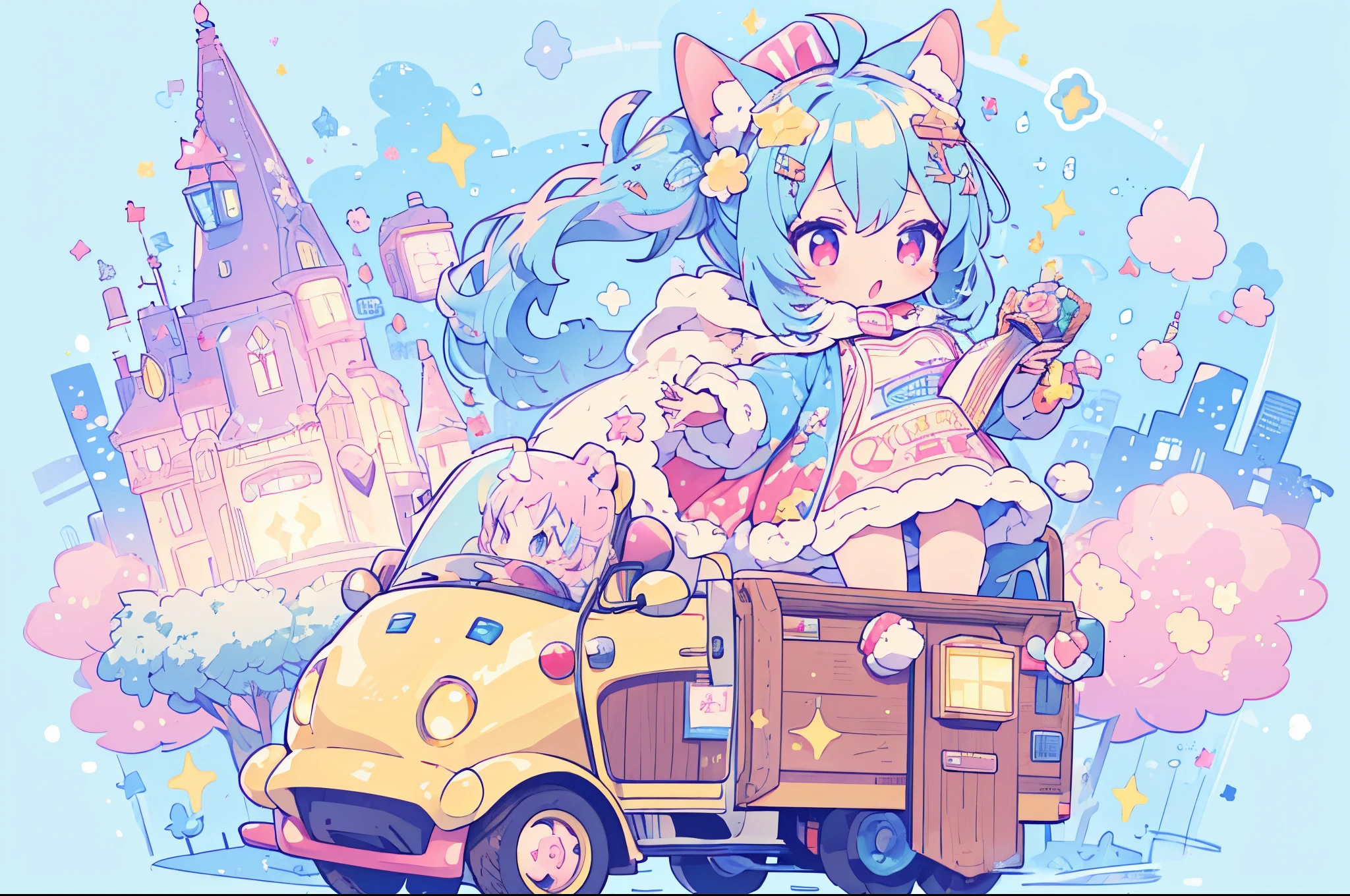 (((masutepiece、Wide Shot))), (((Best Quality))), ((Ultra-detailed)), (Illustration), ((extremely delicate and beautiful)),((( loli))),winter snow city,santa costume,Wrap the body with ribbon,Loose socks,Christmas tree,Beautiful and fantastic night view,illuminations、lightblue hair、A pink-haired,Orange Eyes,Red Eyes、Reindeer and sleigh,lots of gifts and decorations、Present Box