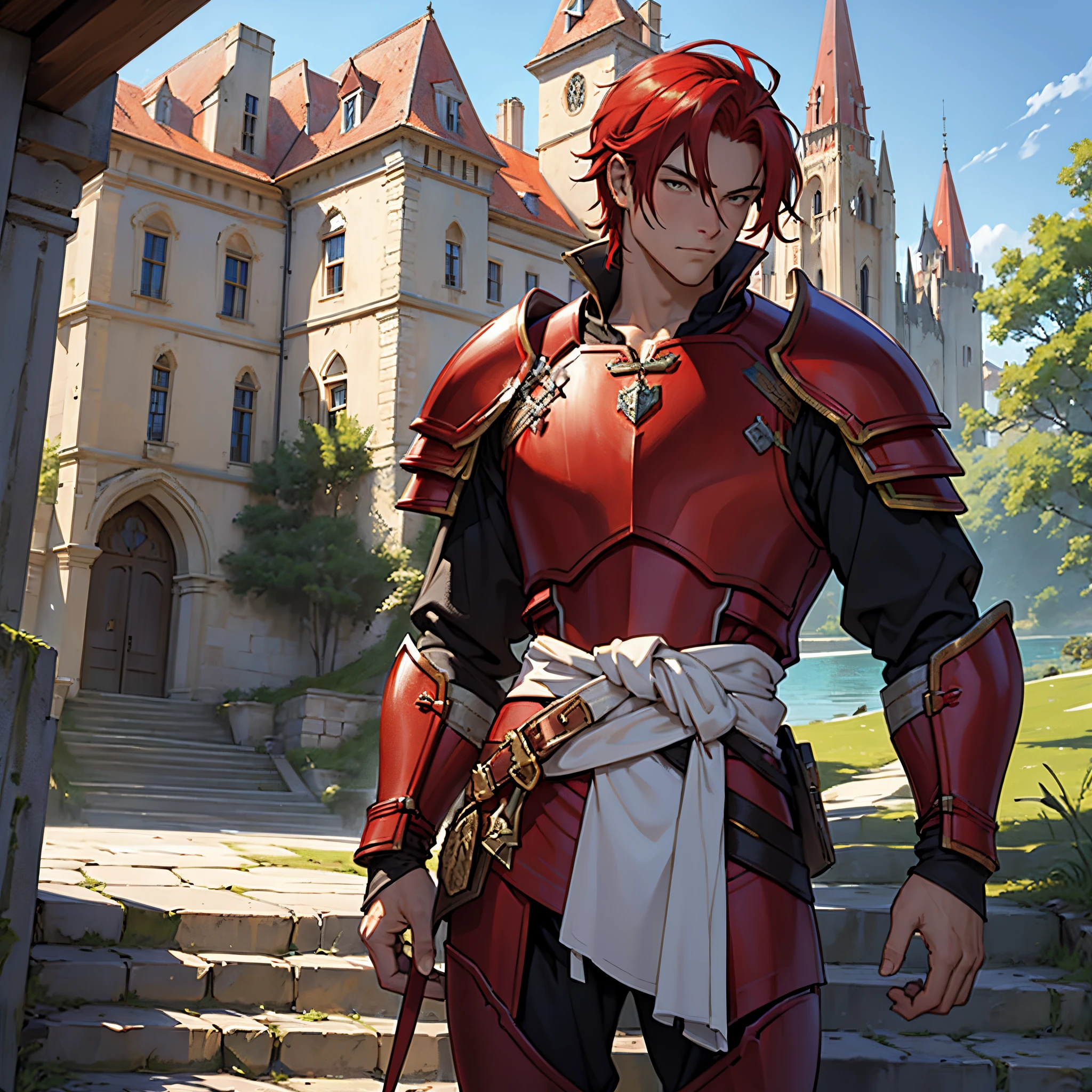 masterpiece, Best Quality, 4k, Very detailed, 1 person(((waist up))), Background with:In front of the stairs of a medieval castle built on a lake, That person is a man with red hair tied up., (((red armor)))