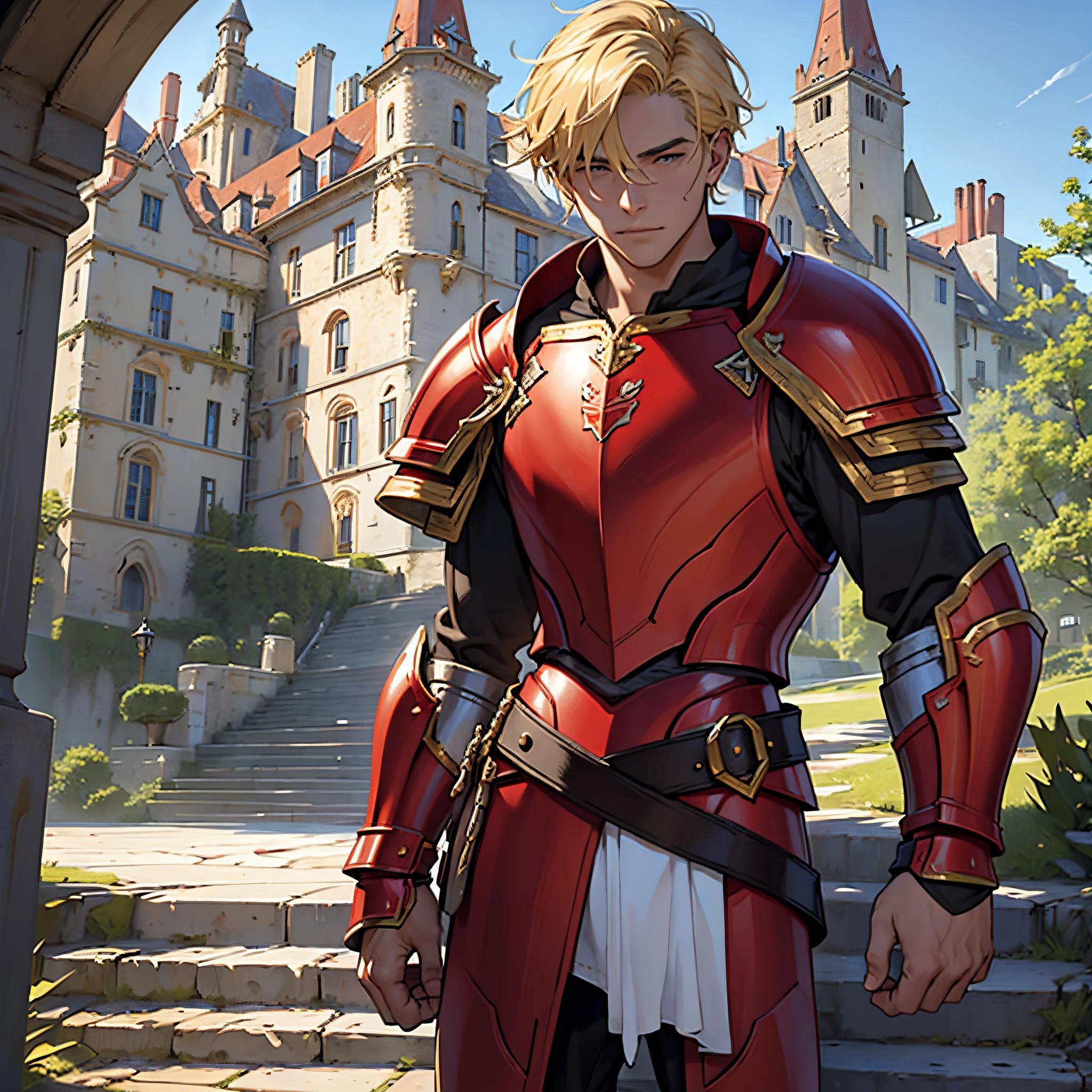 ​masterpiece, Best Quality, 4k, Very detailed, 1 person(((waist up))), Background with:In front of the stairs of a medieval castle built on a lake,  That person is a blonde man, (((red armor)))