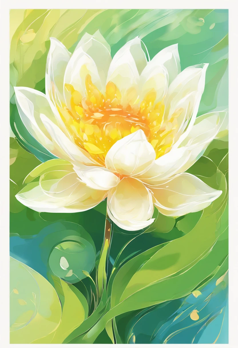 Draw an abstract painting of a single flower.,White Lotus Flowers、use acrylic paint、Abstract artist known for his unique use of acrylic pouring, real brush strokes,aesthetic composition,Minimal style, slow stroke、shape of light、White lotus flower symbolizes peace of mind.、Express the feeling of having a lighter burden on your heart、The main colors of the work are bright and clean tones..、Add moist compacted sand、Enhances the texture and tactile elements of your artwork, While staring at this image, oot、Interaction of color and texture、Bask in a sense of relief、guided by salvation
