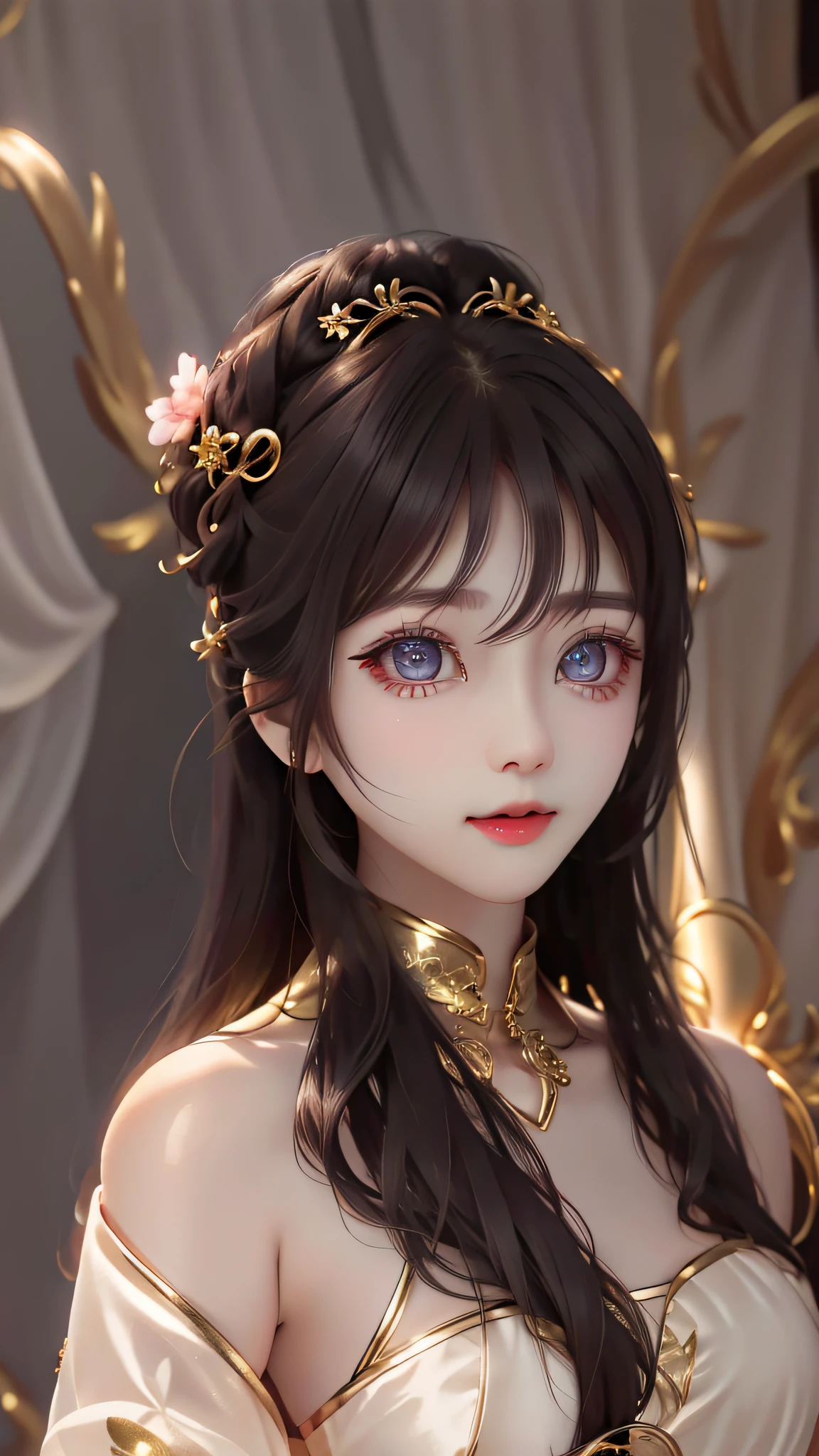 Young beauties around 25 to 30 years old, Has an oriental female face, Shoulder-length hair, s delicate face, Wearing a pink dress
