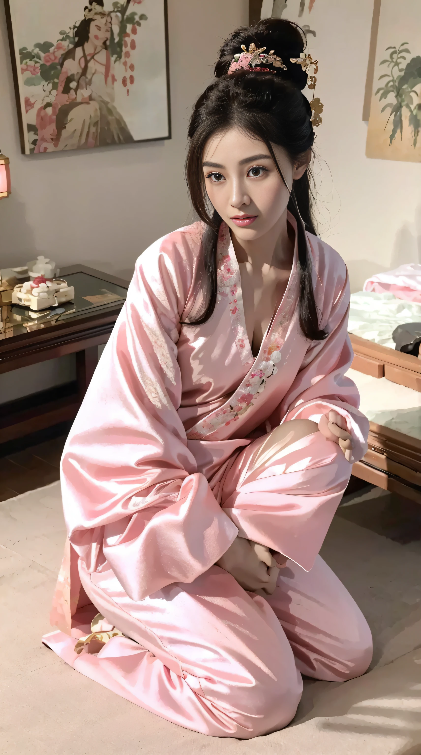 Fashion model 18 years old， [[[[Close-up cleavage]]]], [[[[]]]], [[[[Cole]]]], [[[[bshoulder]]]], perfect  eyes, Perfect iris，perfect lips，perfect teeth，Perfect Skin，with fair skin，HighDynamicRange，Movie Girl，(delicated face)，(Highly defined faces)，(((Pink ancient Chinese costume)))，(((Ancient Chinese bedroom in the background)))，((kneeling on a bed))，4K Ultra HD, 超高分辨率, (realistically: 1.4), Best quality，tmasterpiece，（pastel colour：1.2）