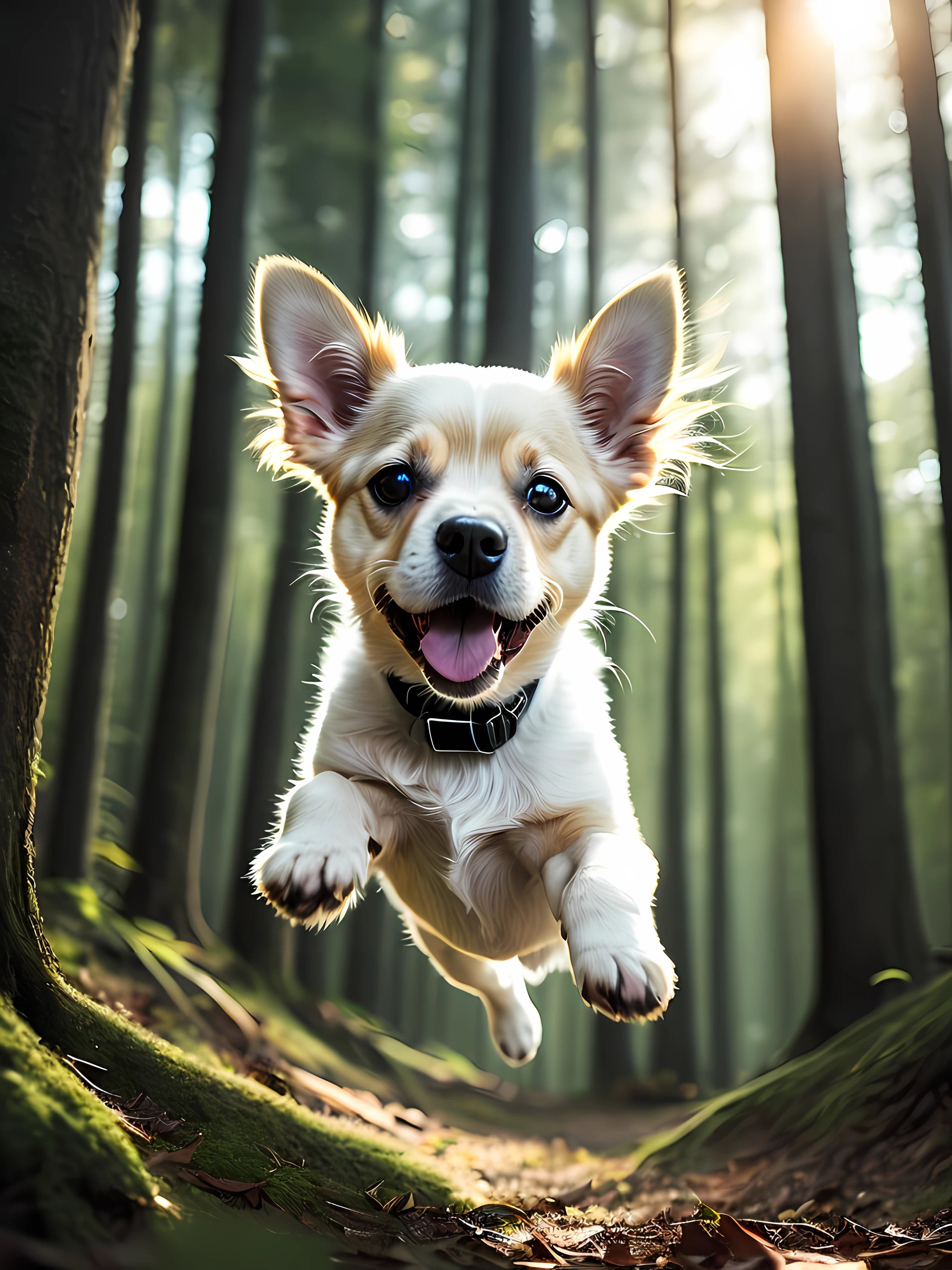 Close-up photo of a very cute jumping puppy in the forest, Soft volume light acklit:1.3), (Cinematic:1.2), Complicated details, (art stations:1.3), Rutkoski