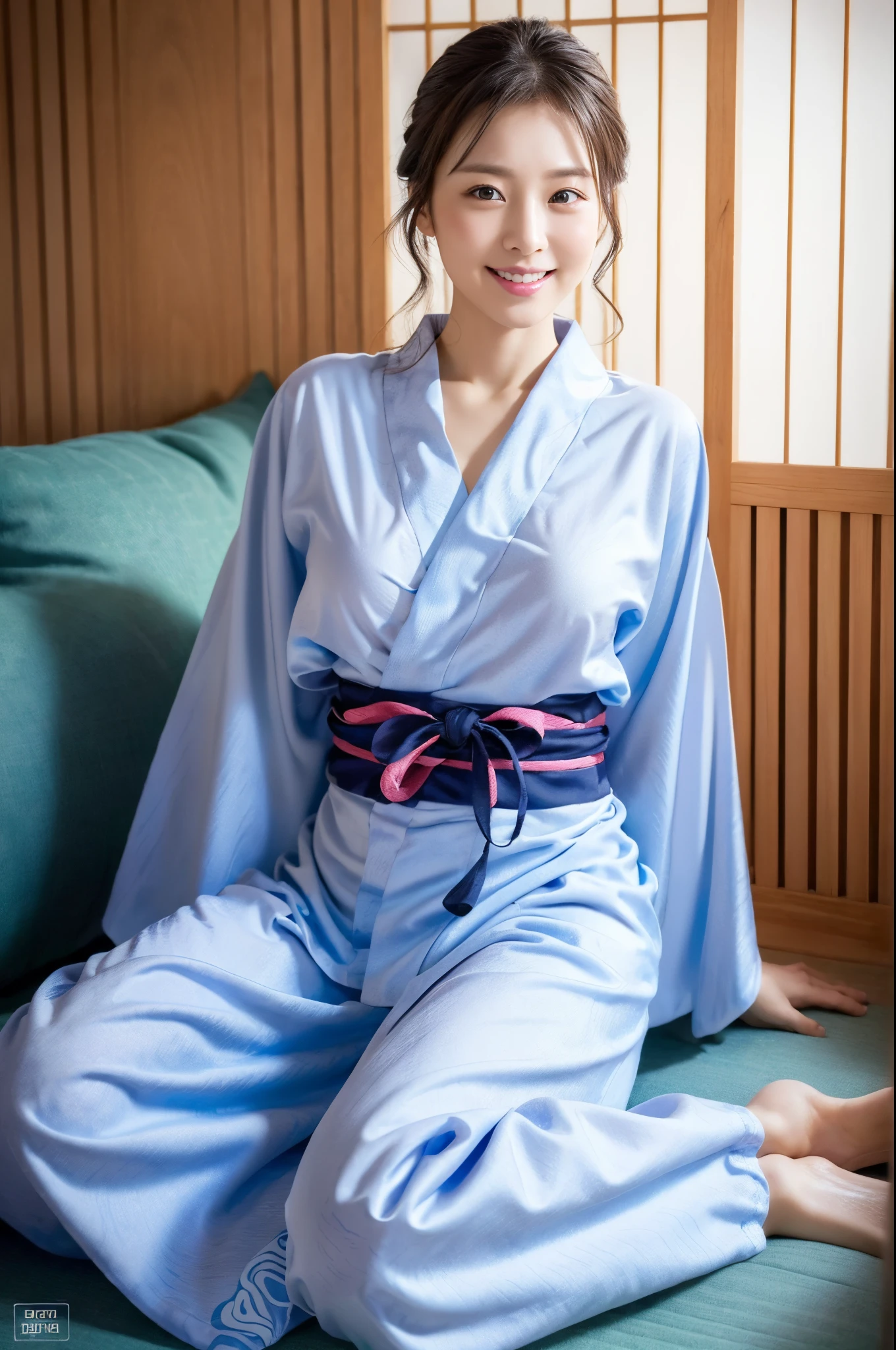 ulzzang -6500-v1.1, (Raw photo:1.2), (Photorealsitic), Beautiful detailed, (Real: 1.4), extremely detailed eye and face, ((Special air oral yukata:1.3))、((Sitting down on the futon:1.2)), selfee, Instagram、game_nffsw, huge filesize, hight resolution, ighly detailed, top-quality, [​masterpiece:1.6], illustratio, ighly detailed, nffsw, finely detail, top-quality, 8k wallpaper, Cinematographic lighting, 1 milf, 42 year old, perfect body type, cute droopy eyes beautiful big eyes、Pieckfinger, ((masutepiece)), Best Quality, eye shadow, Portrait, ((FULL BODYSHOT:1.4))、(Very affectionate smile:1.2)、realistic skin textures、shinny skin、