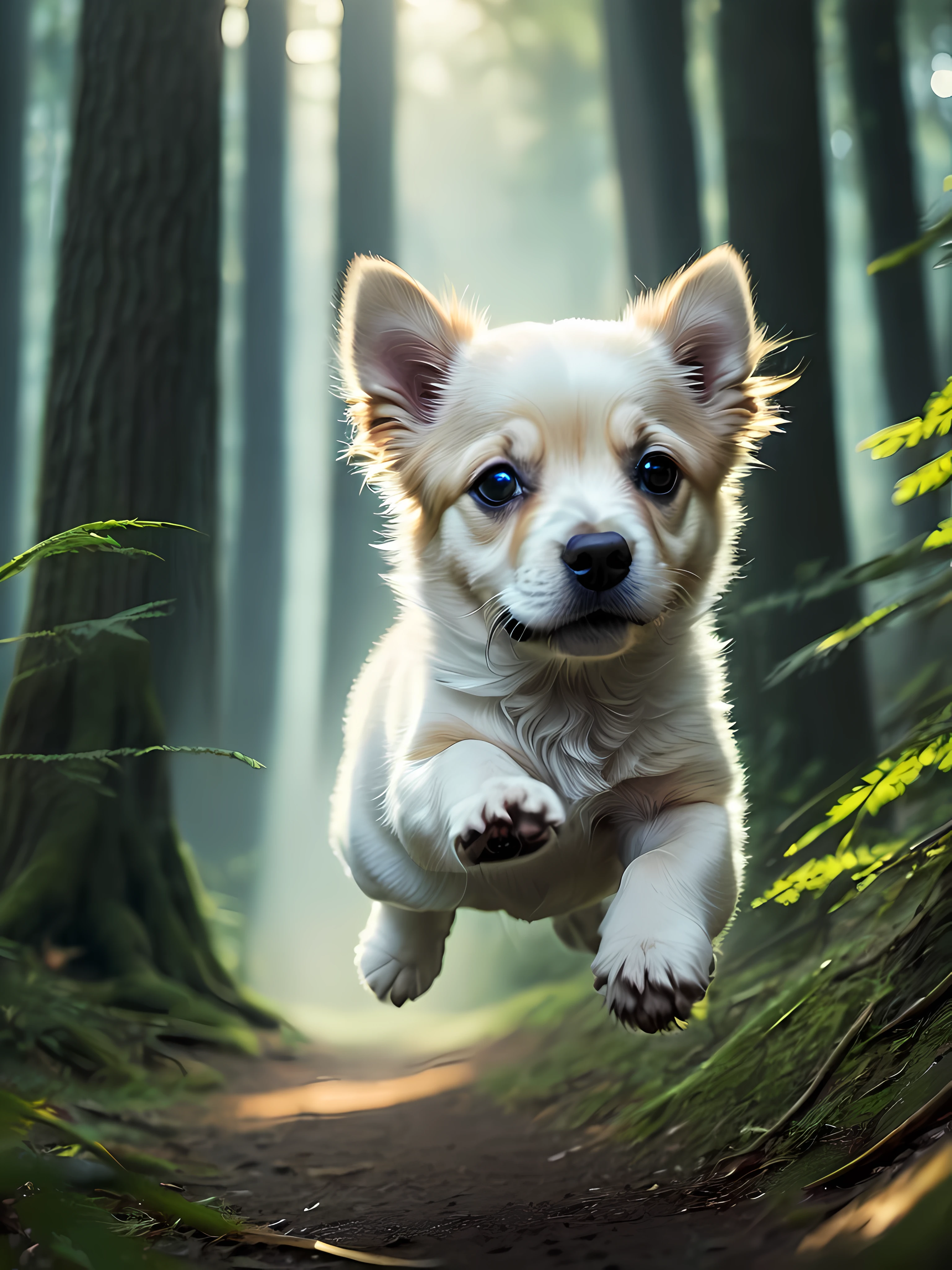 Close-up photo of a very cute jumping puppy in the forest, Soft volume light acklit:1.3), (Cinematic:1.2), Complicated details, (art stations:1.3), Rutkoski