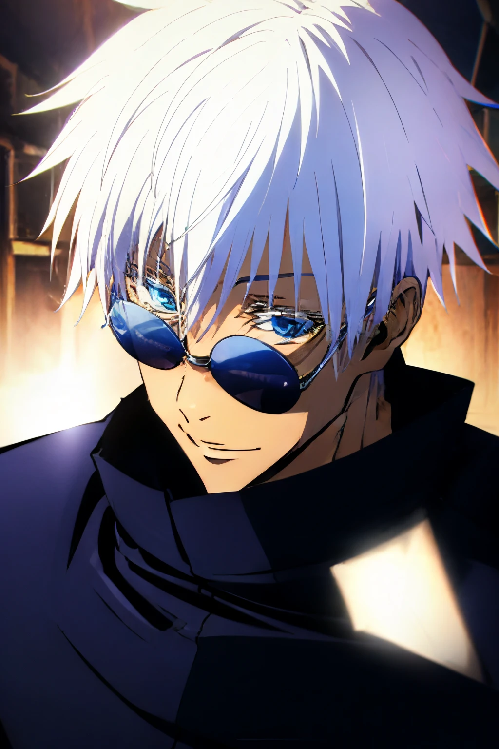 male people、White hair、a smile、blue eyess、Black clothe、Wearing round sunglasses