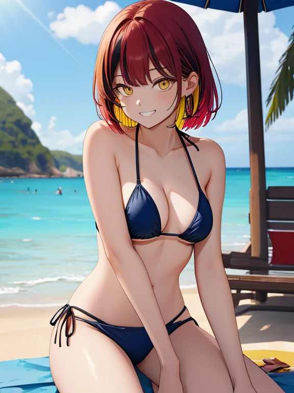 ((masterpiece、top-quality:1.5、a high chroma:1.5、ultra-detailliert、high-resolution illustrations:1.5、Ultra-high-definition CG、8k size wallpaper、offcial art))、((looking at from the front:1.5)),(1woman,),(cute face:1.5,cute eyes:1.5)、(grin:1.3)、(sexy body),(sitting、knees to chest:1.5),(bikini:1.5)、,(multicolored hair:1.5), (large breasts)、(oil skin:1.5),(curvy:1.3)、(Portrait)
,(輝く yellow Eyes:1.5),(midsummer beach strong sunlight:1.5)、(upper body:1.5)、