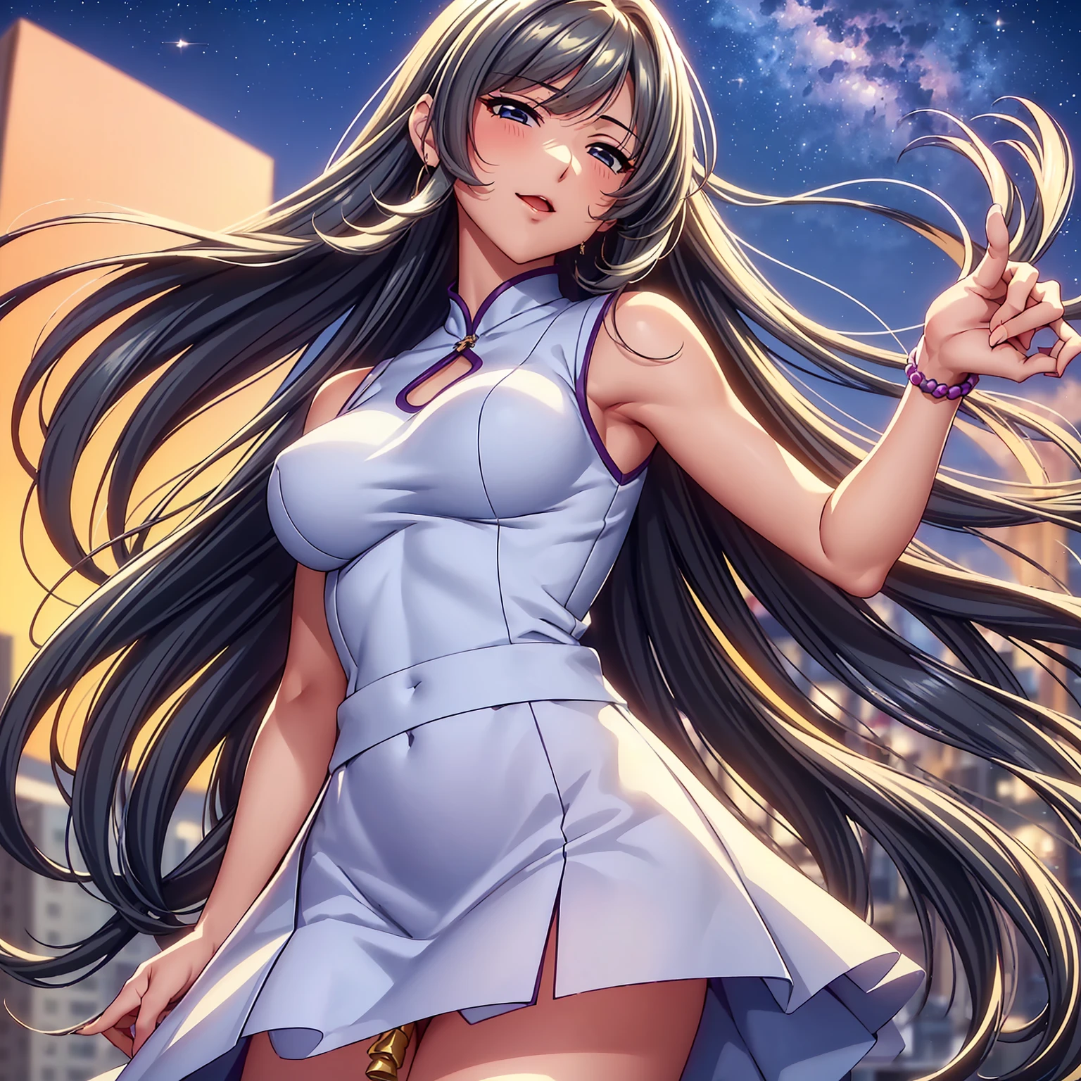 (top quality picture、masterpiece level、very high res、超A high resolution,High quality detailing)、(A 24-year-old beautiful girl with perfect and ultimate beauty.,beautiful breasts and figure,Beautiful body,美丽的面容,Strong-willed eyes:1.5)、(There are many variations of hairstyles,The bangs are neatly arranged,long straight hair on the sides,Beautiful hair:1.2),lifelike textures,Beautiful colors,(Wearing a beautiful colored sleeveless knit,brightly colored clothes,Wear clothes with beautiful colors and patterns,Wear clothes with beautiful colors and patterns:1.2),Have a bright smile,line of sight,Mouth opens,(Standing on the rooftop looking at the stars and the night sky,The wind is blowing,Hair flutters under the influence of the wind:1.2),Beautiful Landscapes,(The whole body,accurate anatomy、extremely detailed picture、Accurate images、Perfect Image 1.5)、beautiful anime woman, Beautiful Art Style, an animated character、(The whole picture、Detailed picture、Defect-free images、natural soft light、beautiful image),(Best Shot 1.2)