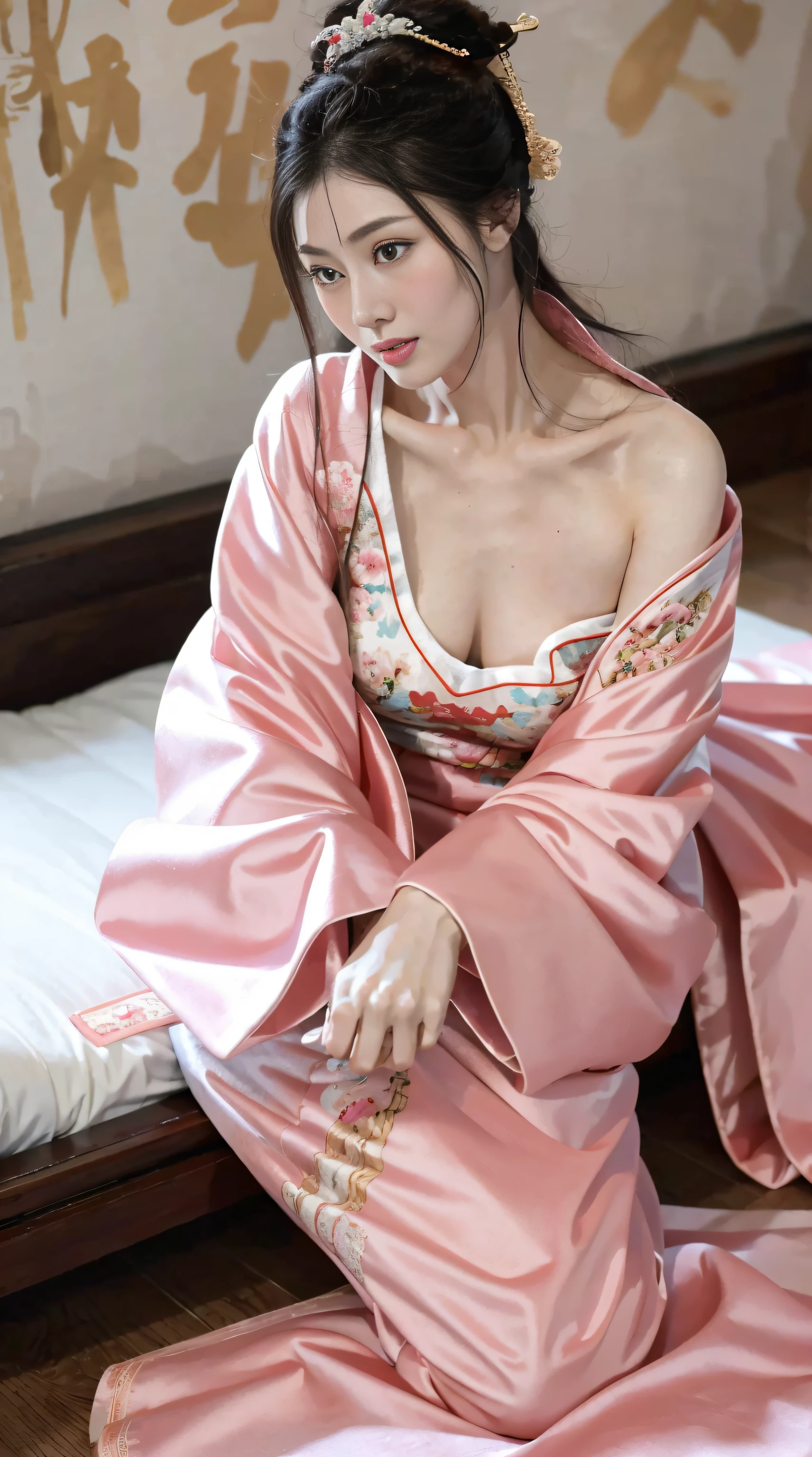Fashion model 18 years old， [[[[Close-up cleavage]]]], [[[[]]]], [[[[Cole]]]], [[[[bshoulder]]]], perfect  eyes, Perfect iris，perfect lips，perfect teeth，Perfect Skin，with fair skin，HighDynamicRange，Movie Girl，(delicated face)，(Highly defined faces)，(((Pink ancient Chinese costume)))，(((Ancient Chinese bedroom in the background)))，((kneeling on a bed))，4K Ultra HD, 超高分辨率, (realistically: 1.4), Best quality，tmasterpiece，（pastel colour：1.2）