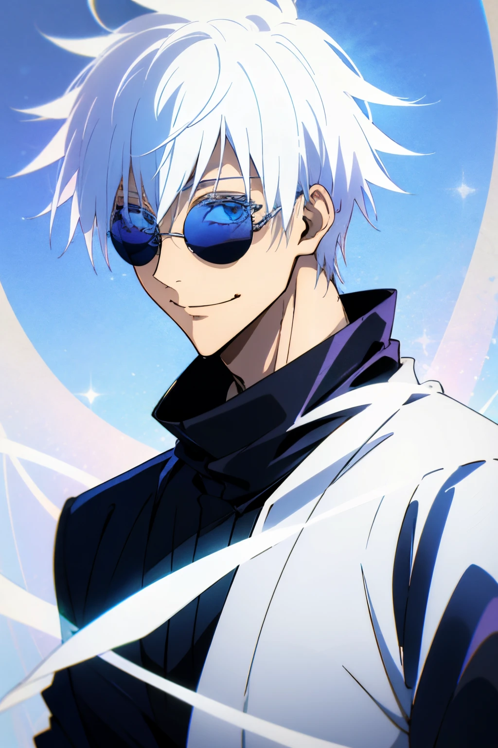 male people、White hair、a smile、blue eyess、Black clothe、Wearing round sunglasses