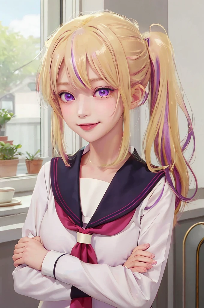 best quality, masterpiece, highres, solo, {ruby_oshinoko:1.15}, blonde_hair, bangs, long_hair, blush, closed_mouth, smile, purple eyes, 1girl, holding, indoors, multicolored_hair, sailor_collar, school_uniform, serafuku, side_ponytail, sidelocks, +_+, long_sleeves, neckerchief, red_neckerchief, sparkling_eyes, upper_body, white_sailor_collar, looking_at_viewer, pink_eyes