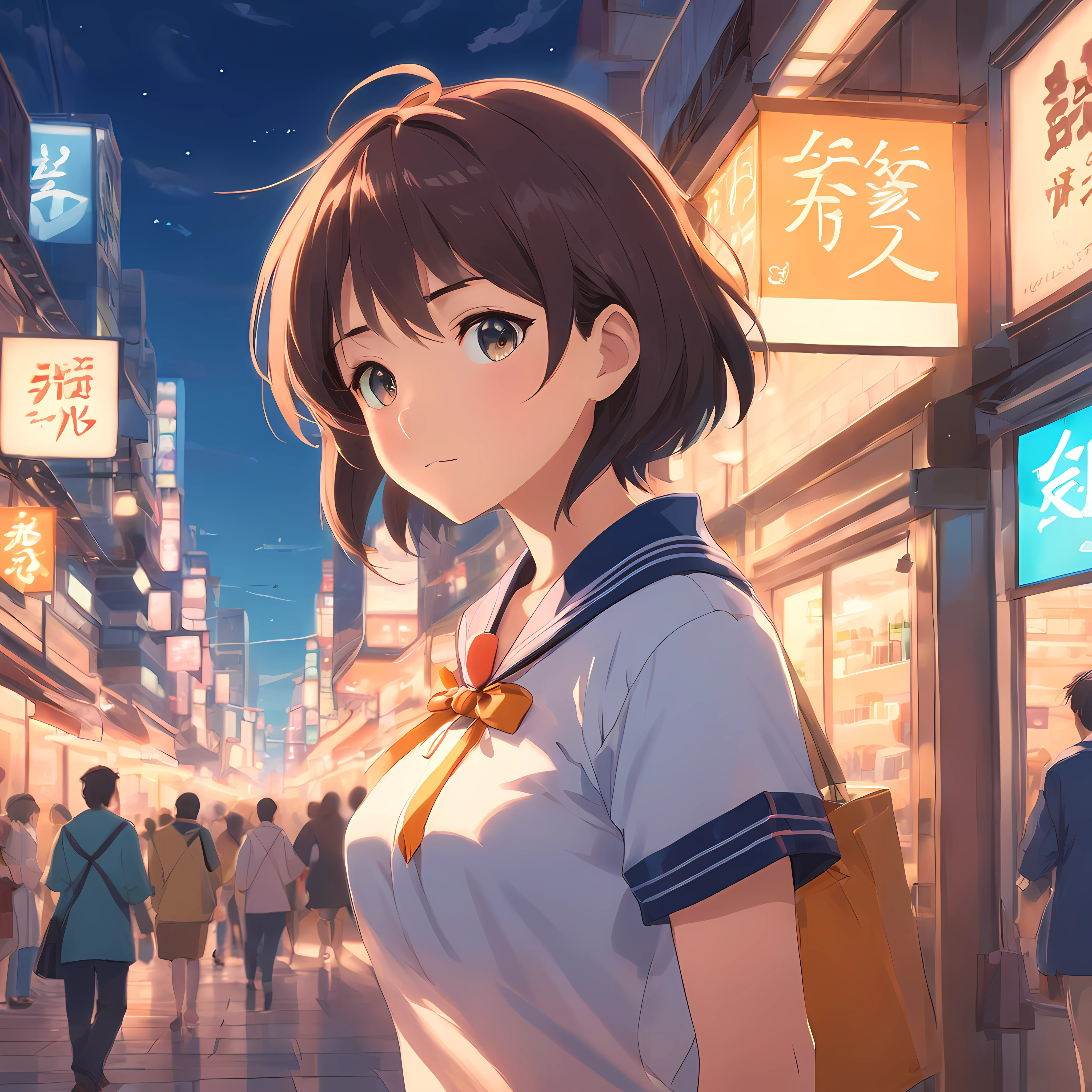 tmasterpiece，Best quality at best，cinematic Film still from，1 busty girl，Sailor suit girl，Shopping，Close-up cleavage，dimly lit，grieves，Light light，natta