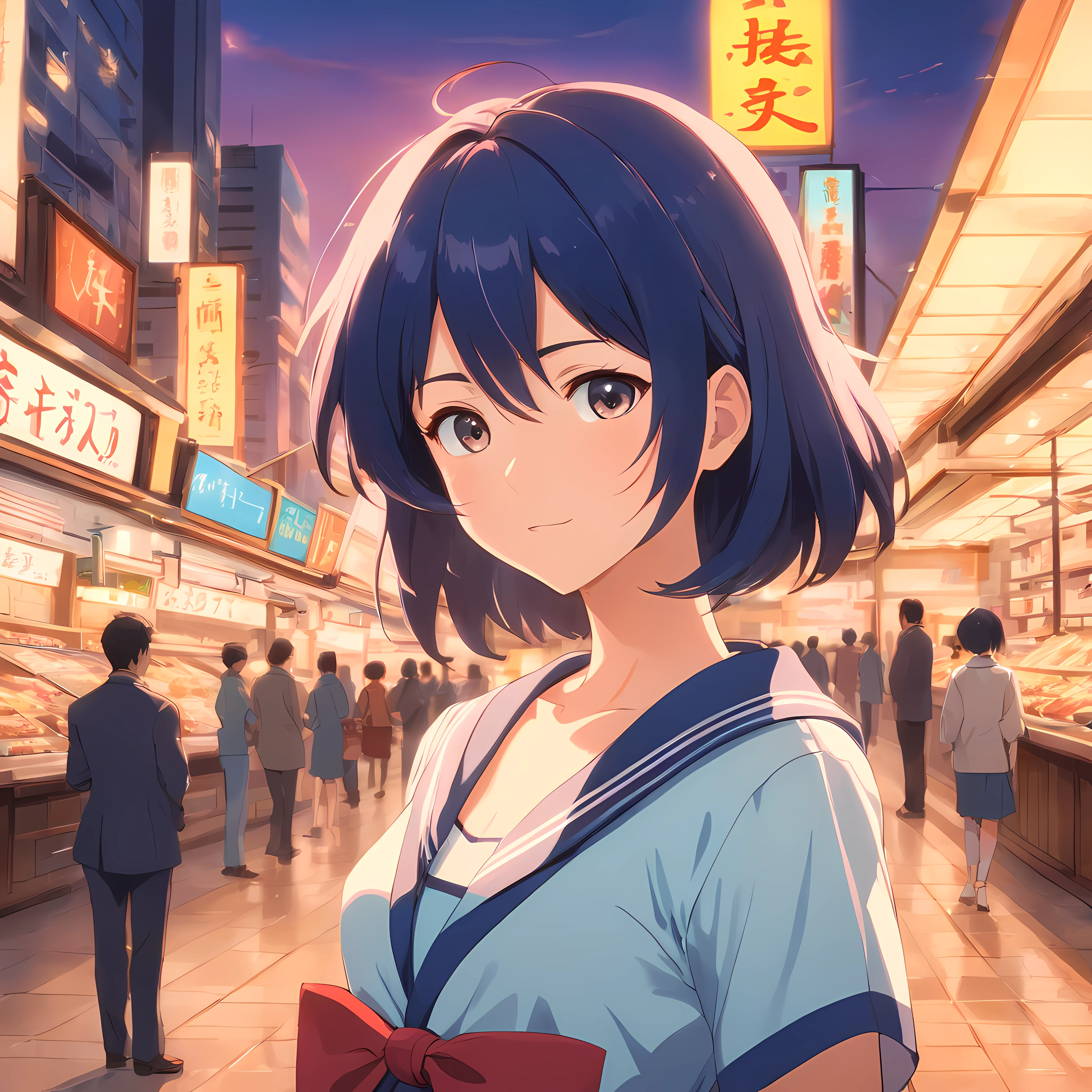 tmasterpiece，Best quality at best，cinematic Film still from，1 busty girl，Sailor suit girl，Shopping，Close-up cleavage，dimly lit，grieves，Light light，natta
