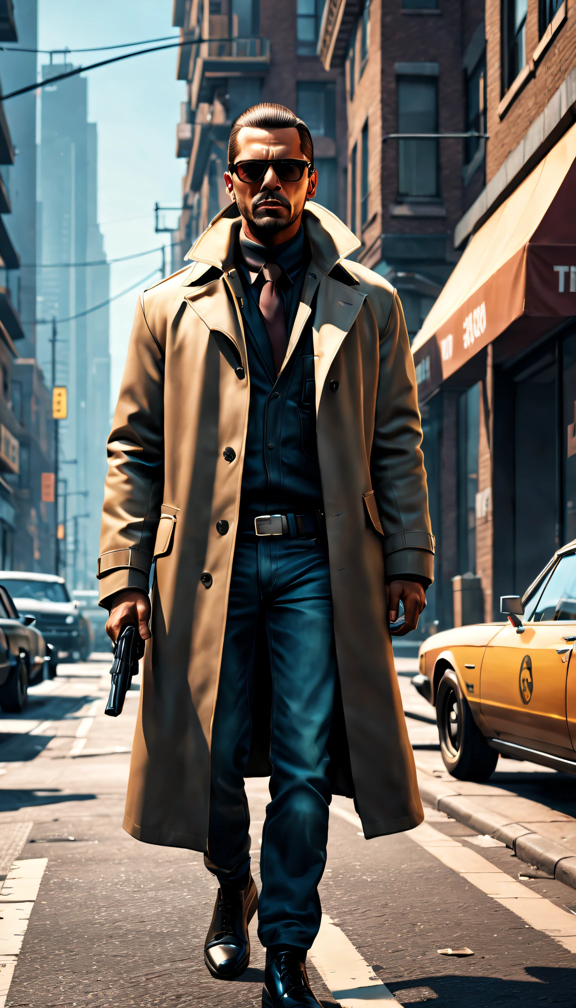 GTA STYLE,chumbo masculino,fashion accessor、shotgun、wind coat,sun glasses,The Car,Future city streets,retro artstyle,shadows and highlights,hight contrast,crime and danger、Tension and suspense、Reflections on the avant-garde and the low ebb、Shady、evocative composition。(Best quality at best,4K,8K,A high resolution,tmasterpiece:1.2),ultra - detailed,(actual,realisticlying,Photorealistic:1.37)