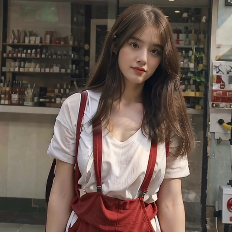Long-haired girl，red suspenders，white colors