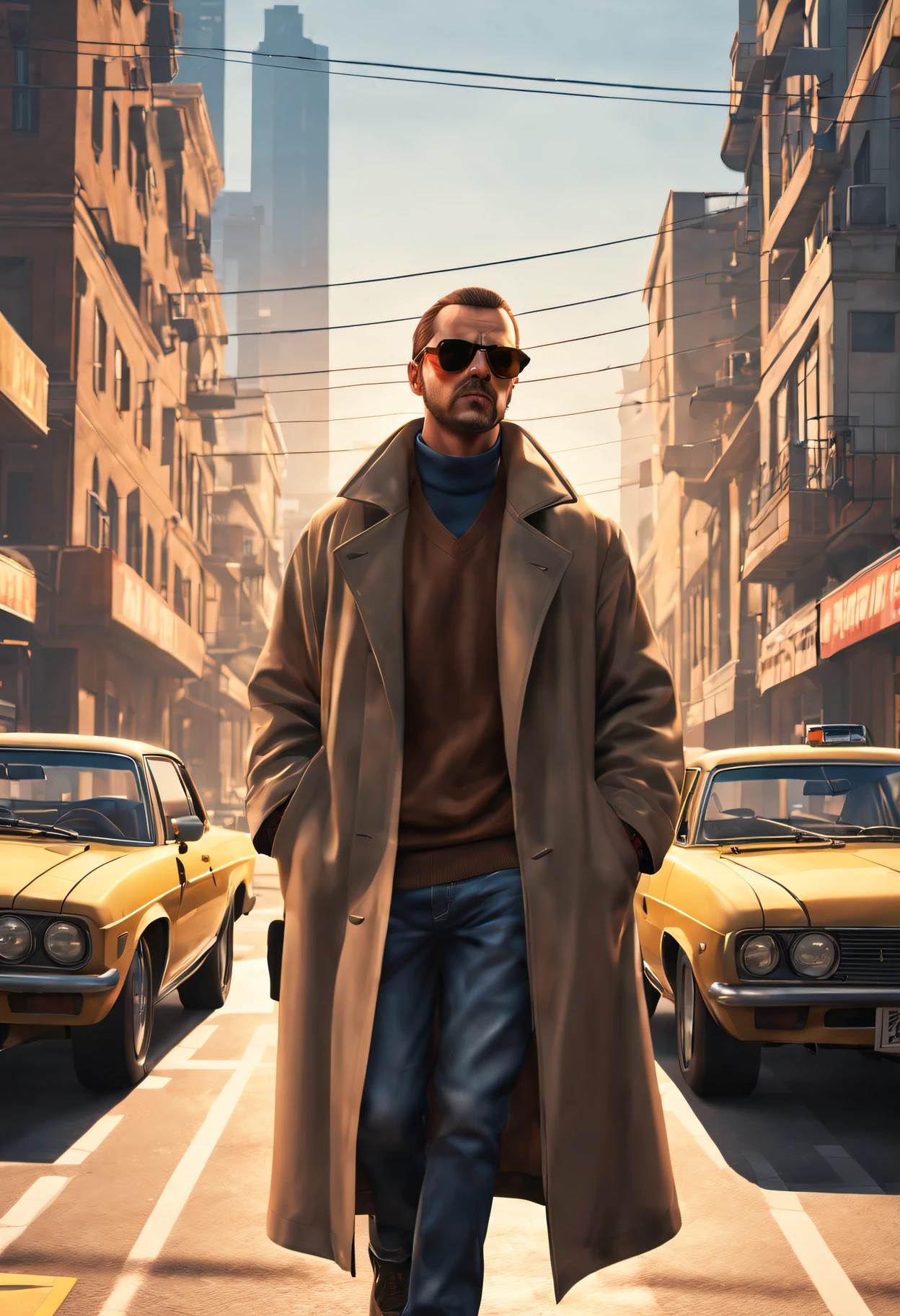 GTA STYLE，chumbo masculino，shotgun, wind coat，sun glasses，The Car，Future city streets，retro artstyle，shadows  and highlights，hight contrast，crime and danger、Tension and suspense、Reflections on the avant-garde and the low ebb、Shady、evocative composition。(Best quality at best,4K,8K,A high resolution,tmasterpiece:1.2),ultra - detailed,(actual,realisticlying,Photorealistic:1.37)