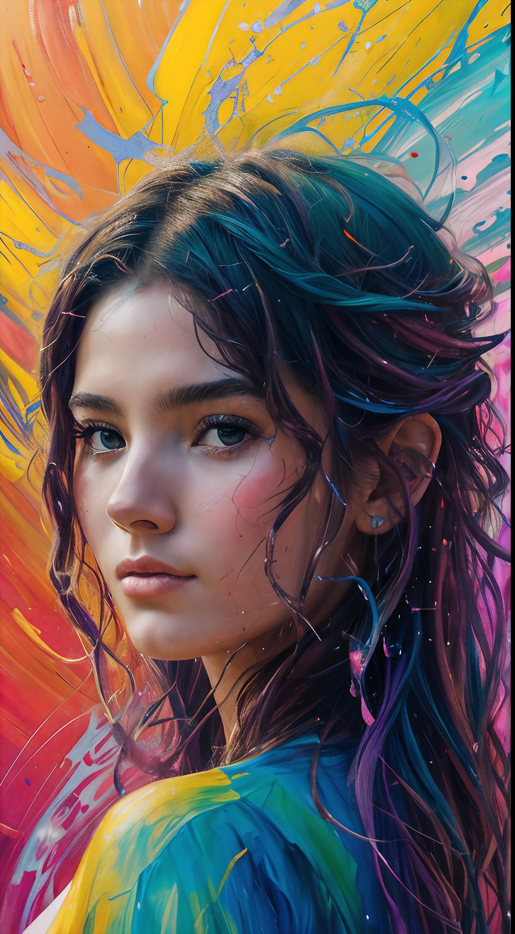 Colorful beautiful woman: Female 18 years old, messy  hair, oil painting, Beautiful perfect face with soft skin Perfect face, blau, Yellow colors, Light purple and purple additions, light red additions, intricate detials, splash screen, 8K resolution, Masterpiece, cute face, The face of the young goddess of elemental waters, abstract beauty, centered, Looking at the camera, approaching perfection, dynamic, exterior, higly detailed, digitalpainting, art station, ConceptArt, soft focus, Of course, illustartion, art by Carne Griffiths and Wadim Kashin