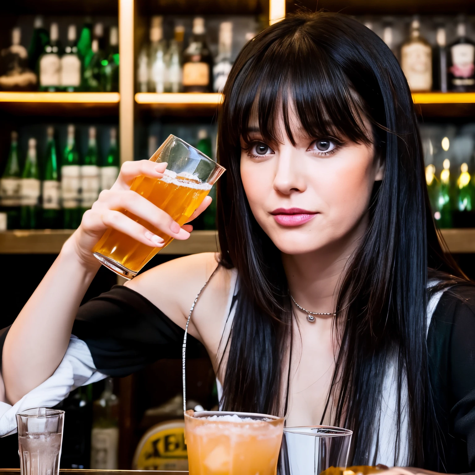 Salt face twinks A dark-haired With bangs holding a glass at the bar Photographs from a distance