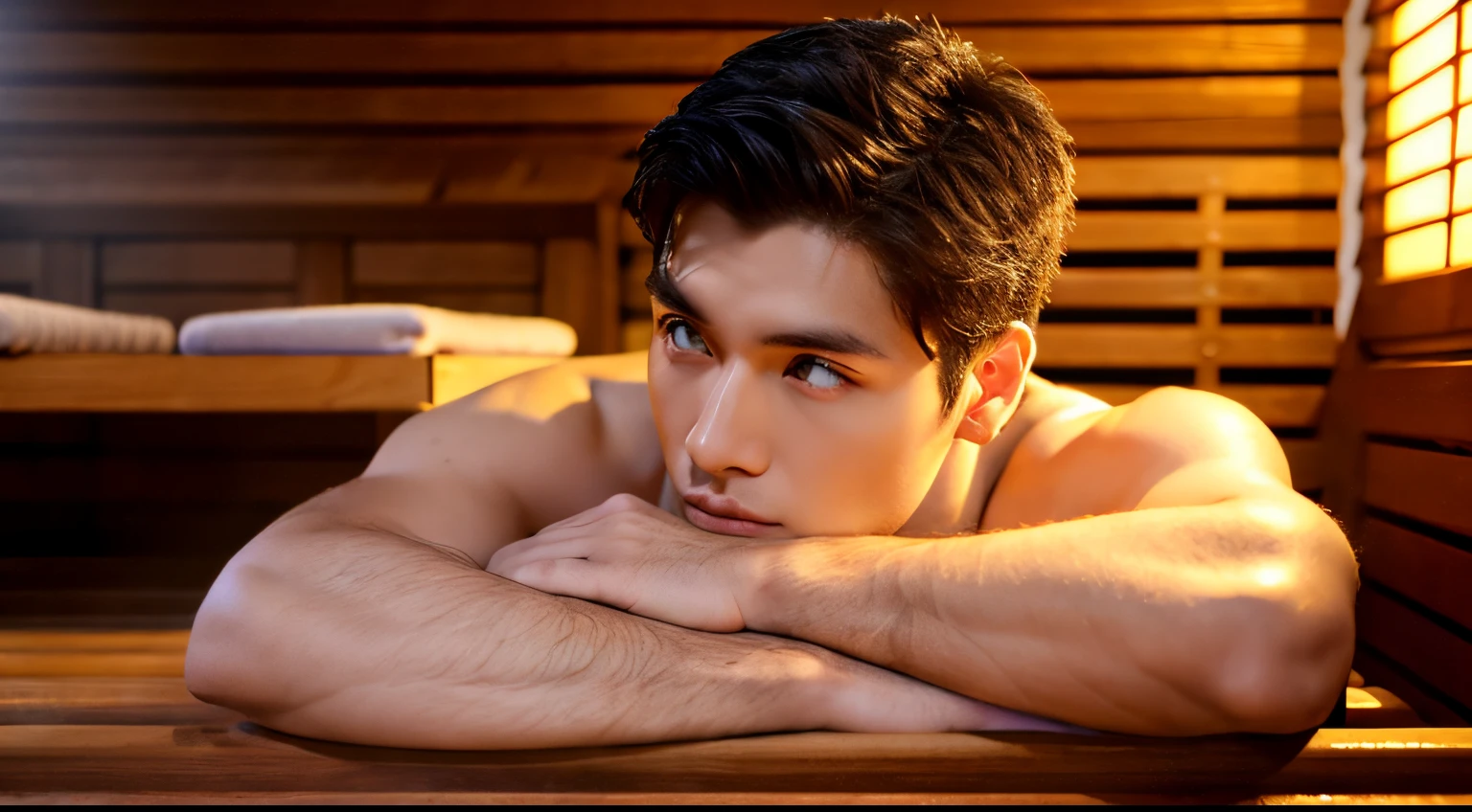 （sauna）(1 young man、20yr old、Refreshing、Gentle、Double eyelids、well-muscled、a handsome、Cool、年轻、Tempered body、modeled,)、（actor）、(A dark-haired),mesmerizing eyes、Charisma,(in 8K、Raw photography、top-quality、​masterpiece:1.2、optimal lighting)、(realisitic、photoRealstic:1.37),(indirect lighting),(steam:1.3)、(sauna heater)、（vihta）