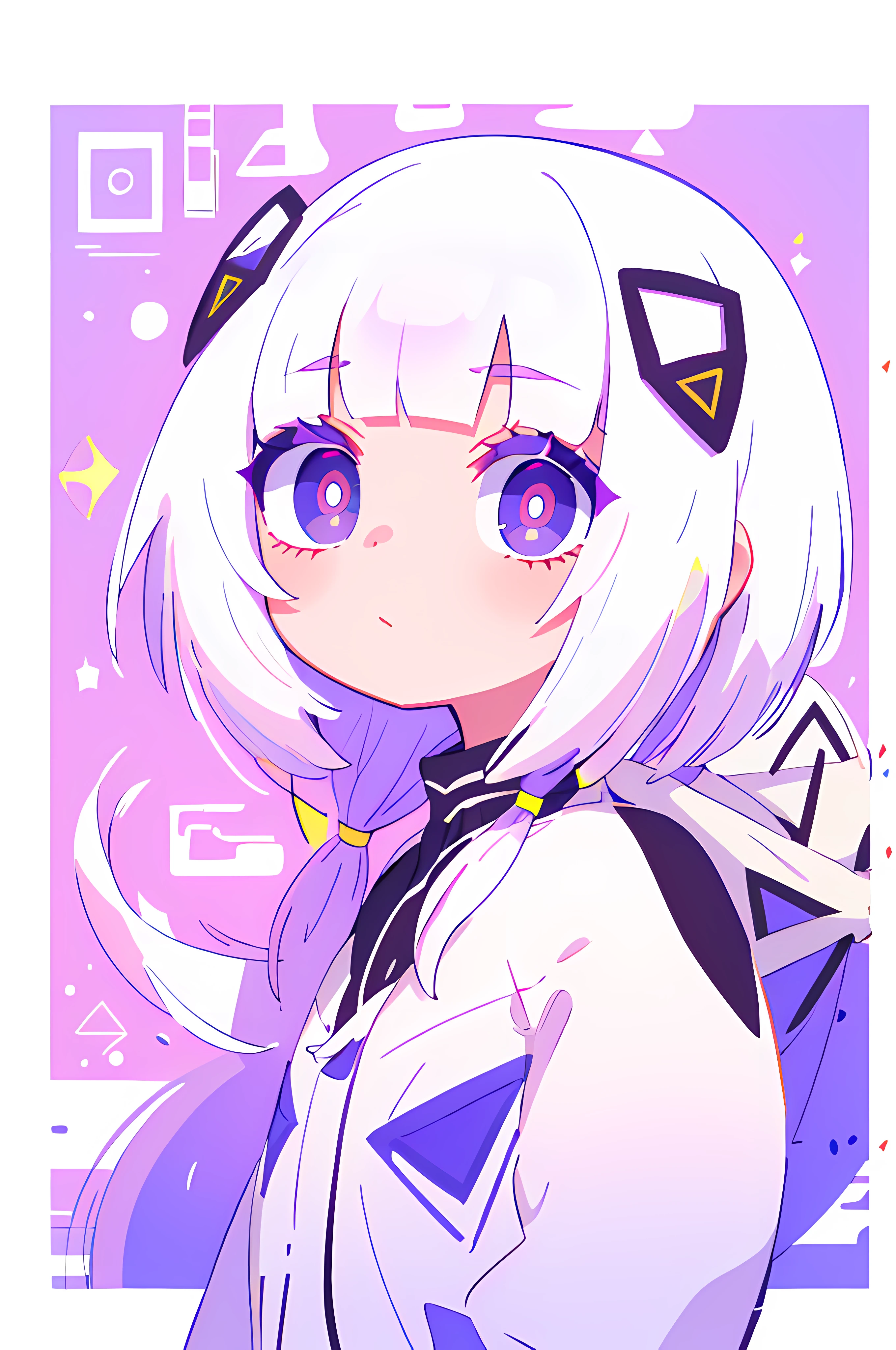 (The main part, Best quality:1.2), 1 girl, There  a small purple horn on the hair, big white hair, a purple eye, white and light purple clothes